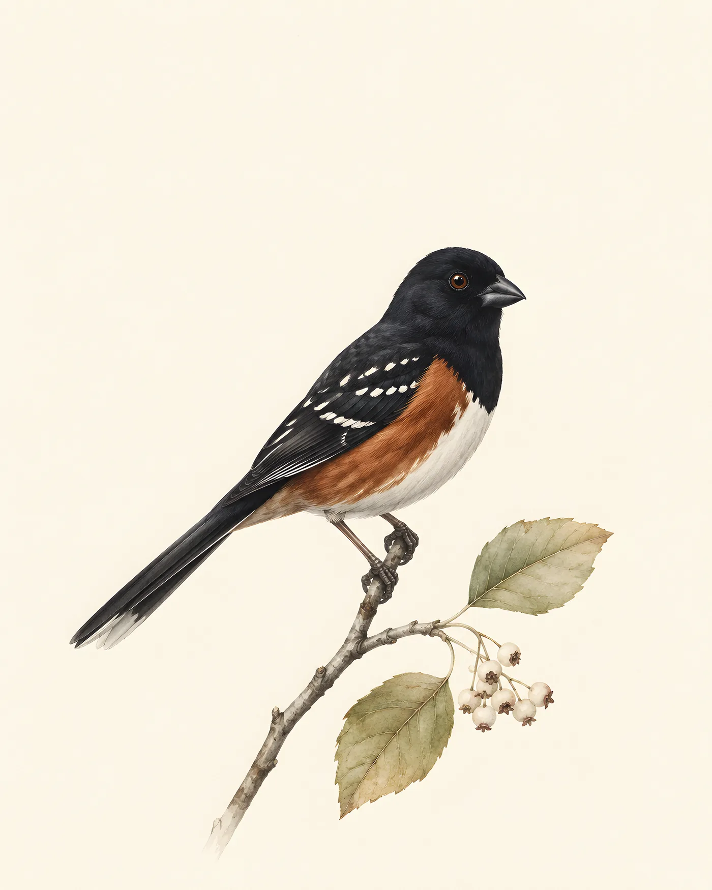 Fine-art print of a male Spotted Towhee with black hood, white-spotted back and rufous sides perched in a shrub, Audubon style