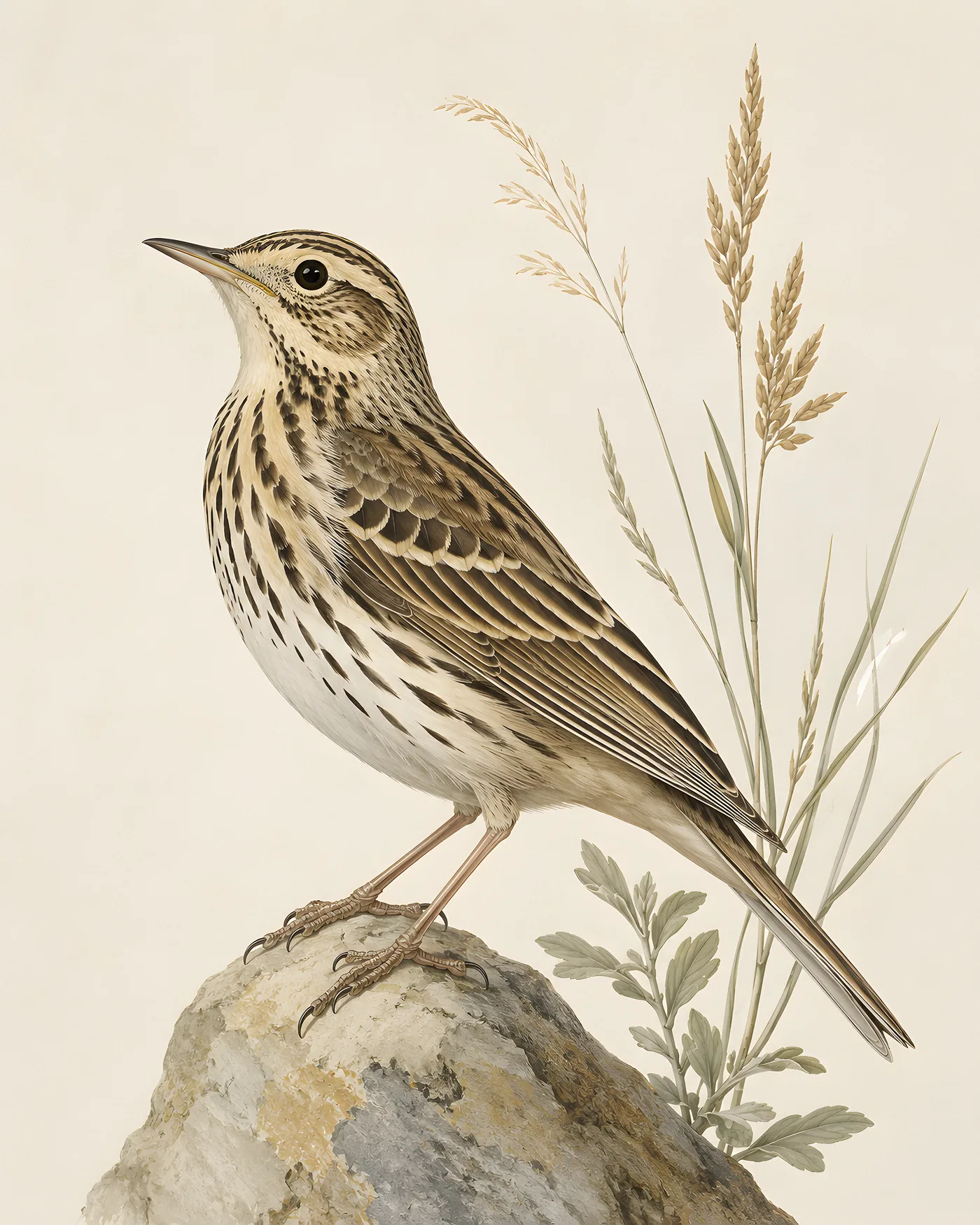 Fine-art Sprague's Pipit print in a contemporary Audubon-inspired style