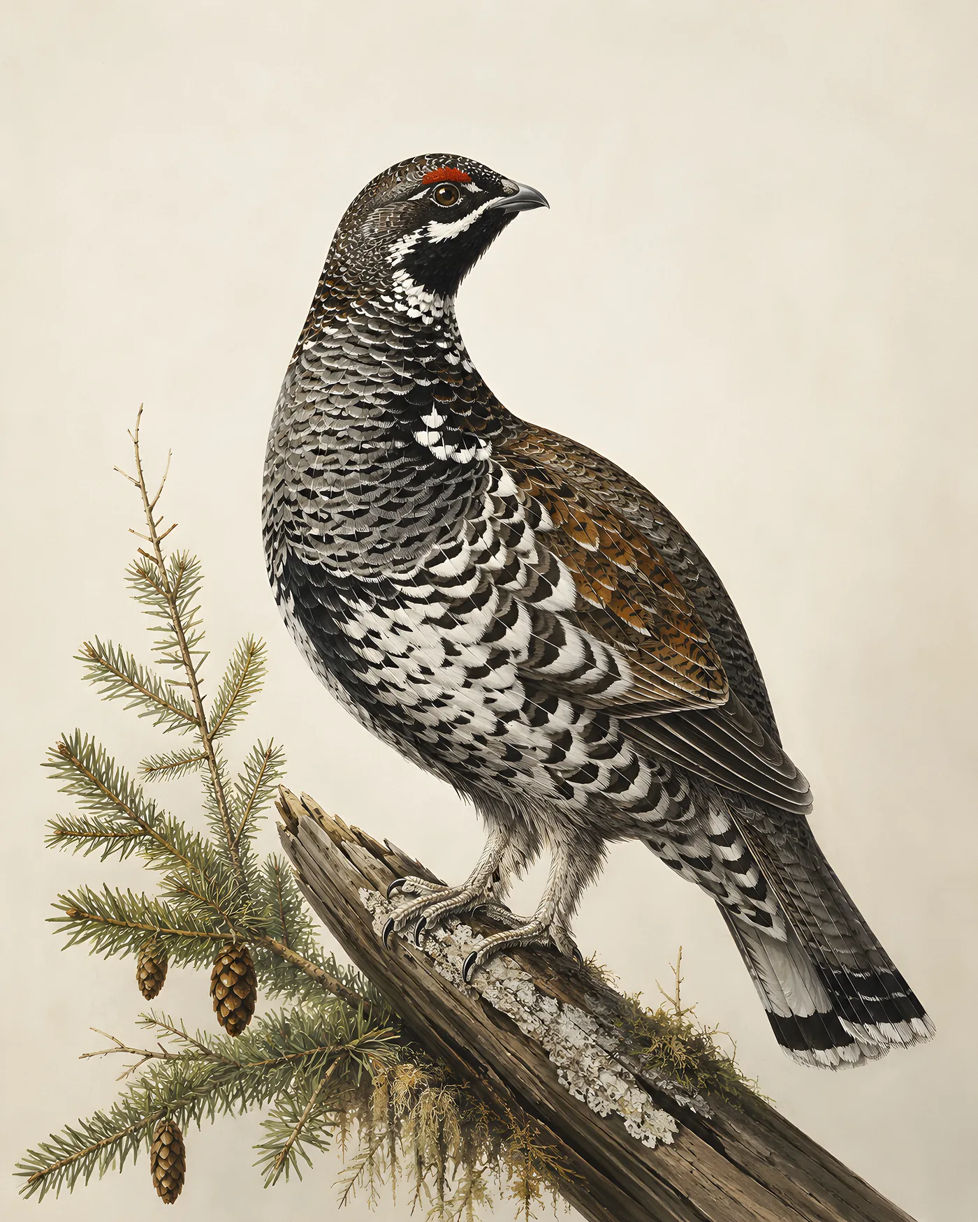Fine-art Spruce Grouse print in the Audubon style