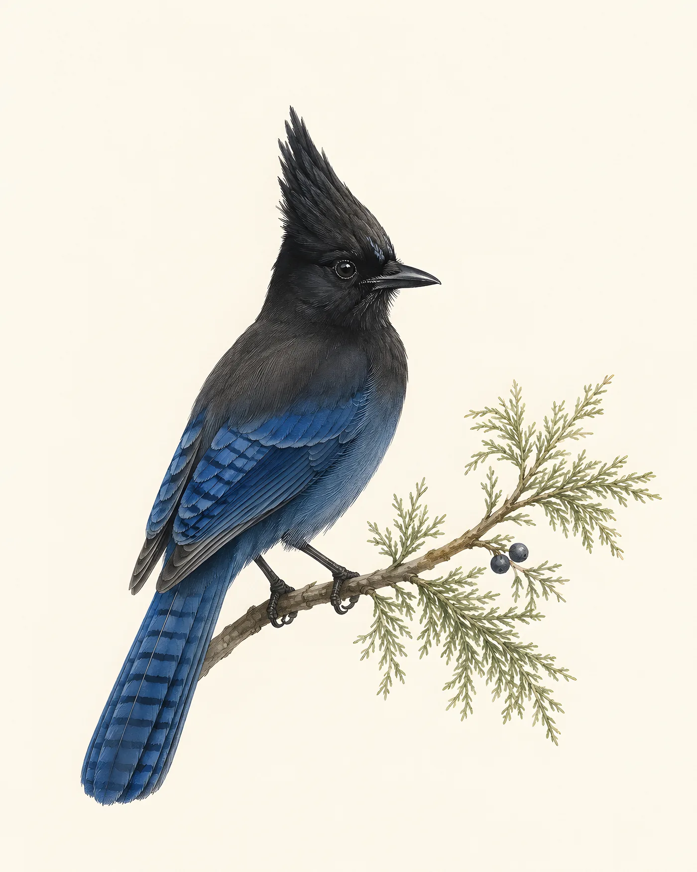 Steller's Jay Print, brilliant blue with a black head and long crest, in a contemporary Audubon-inspired natural-history style