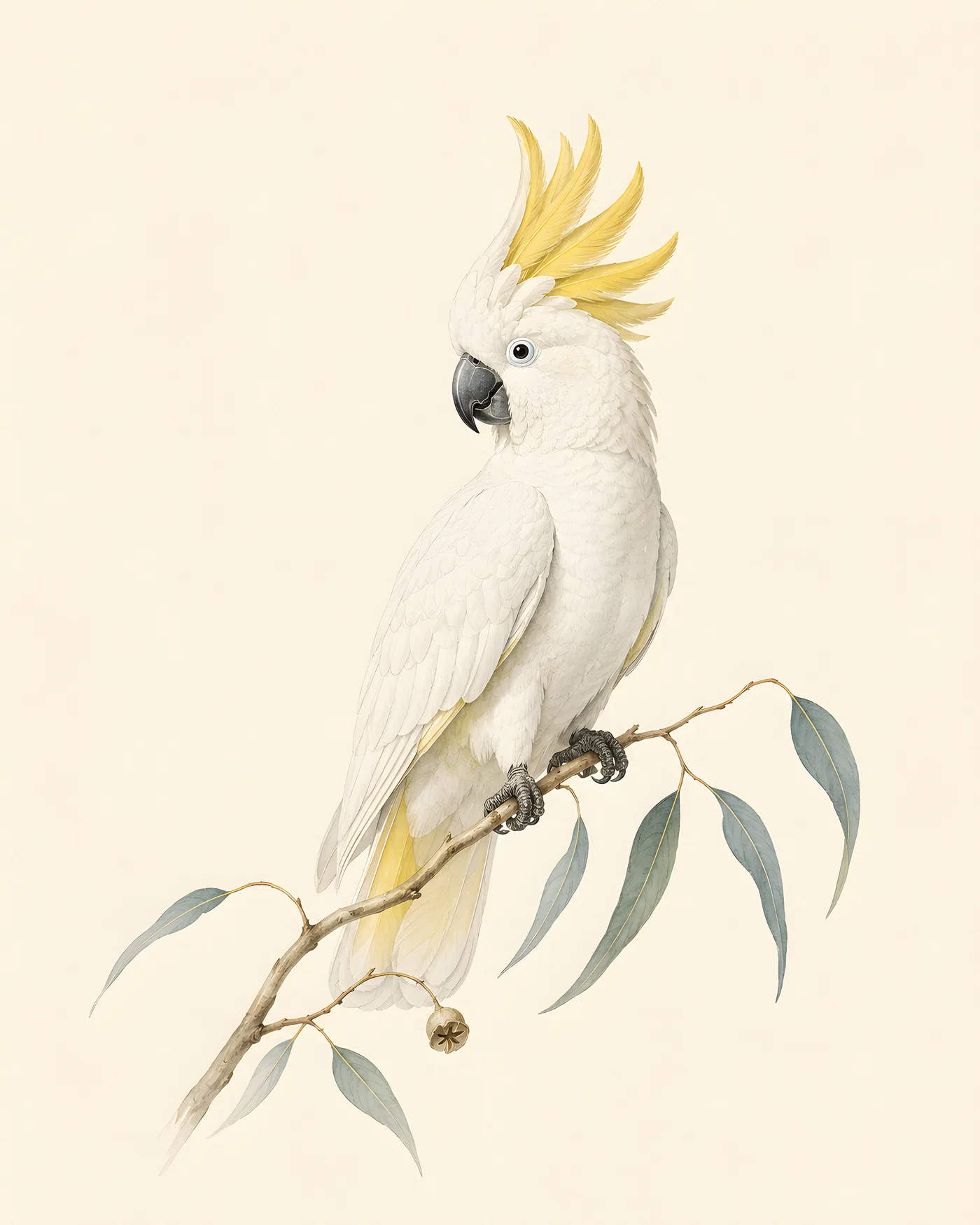 Sulphur-crested Cockatoo perched on a eucalyptus branch with white plumage and raised yellow crest.