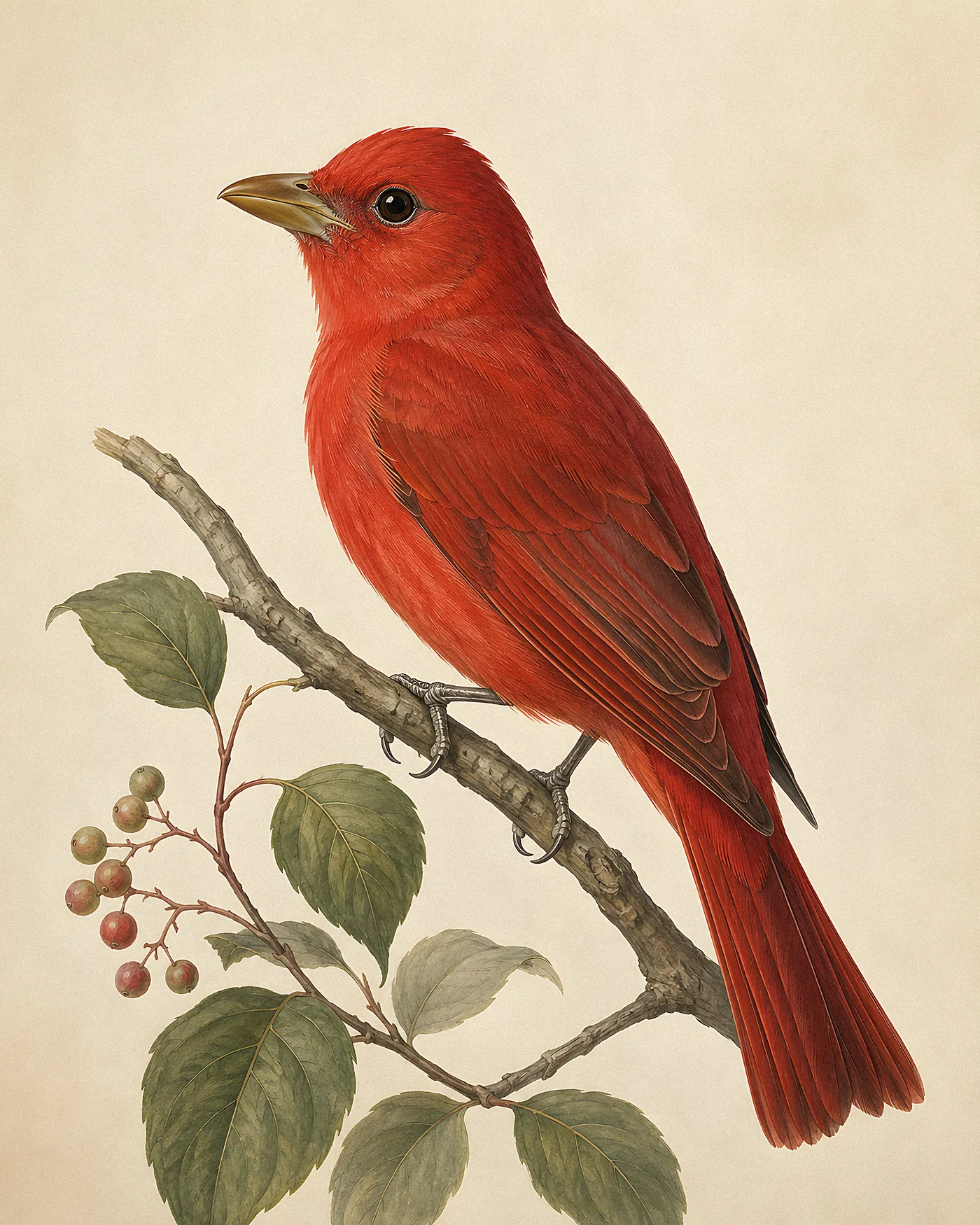 Fine-art print of a male Summer Tanager entirely in rose-red perched on a branch in the Audubon style