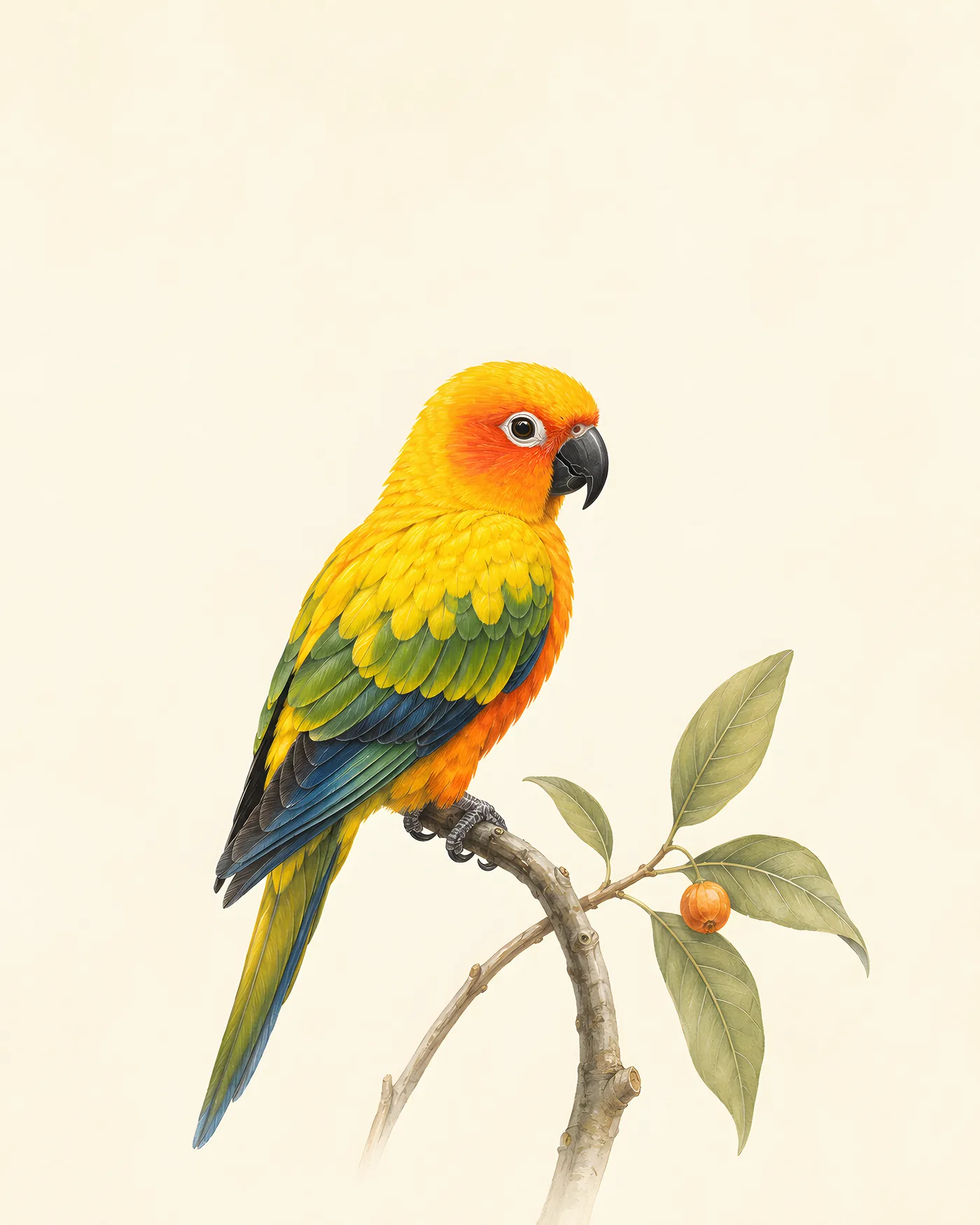Sun Conure perched on a tropical branch with golden yellow body, orange face, green wings and blue feather accents.