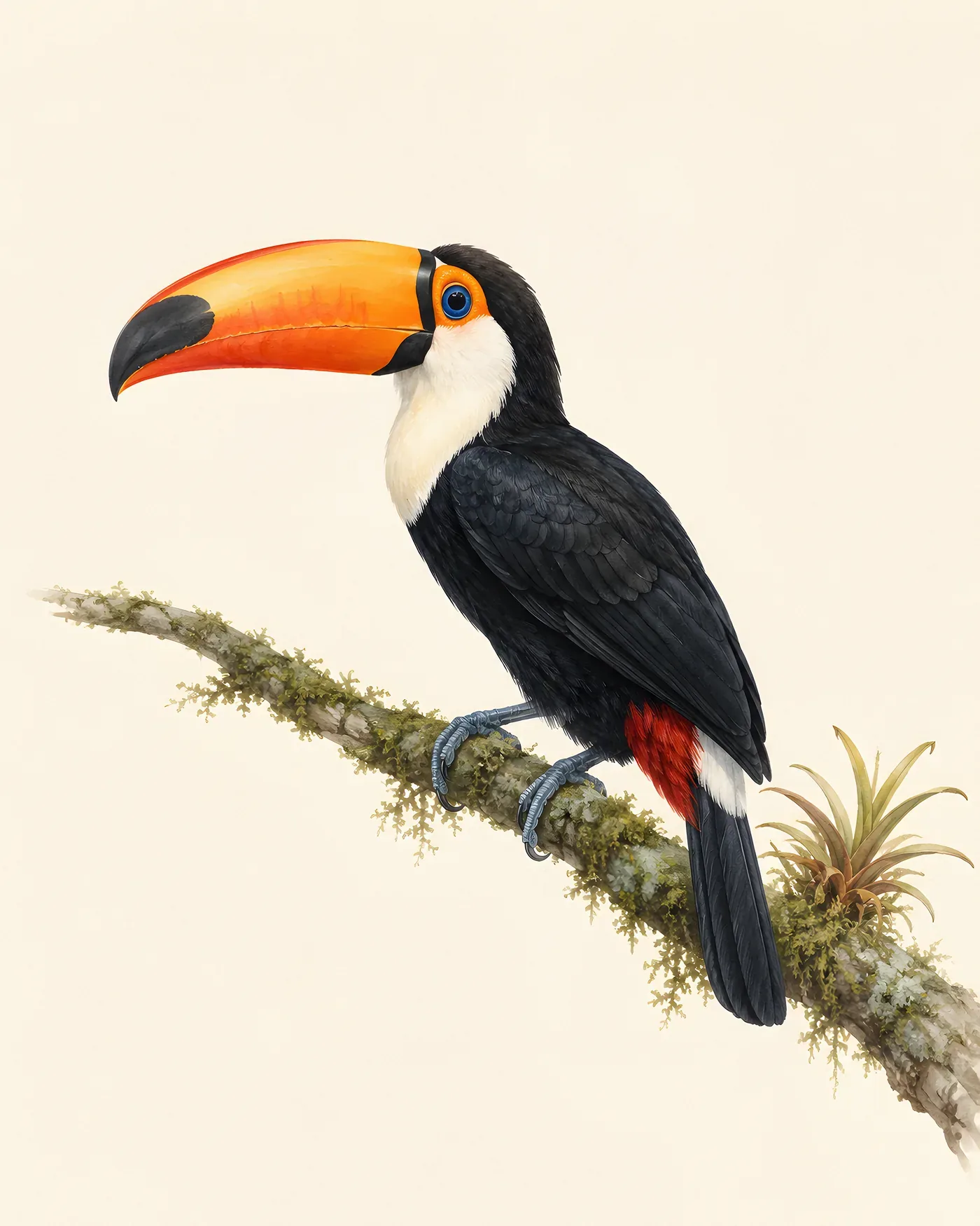 Fine-art print of a Toco Toucan perched on a mossy branch with bromeliads, the huge orange bill with its black tip drawn in fine detail, in the Audubon style