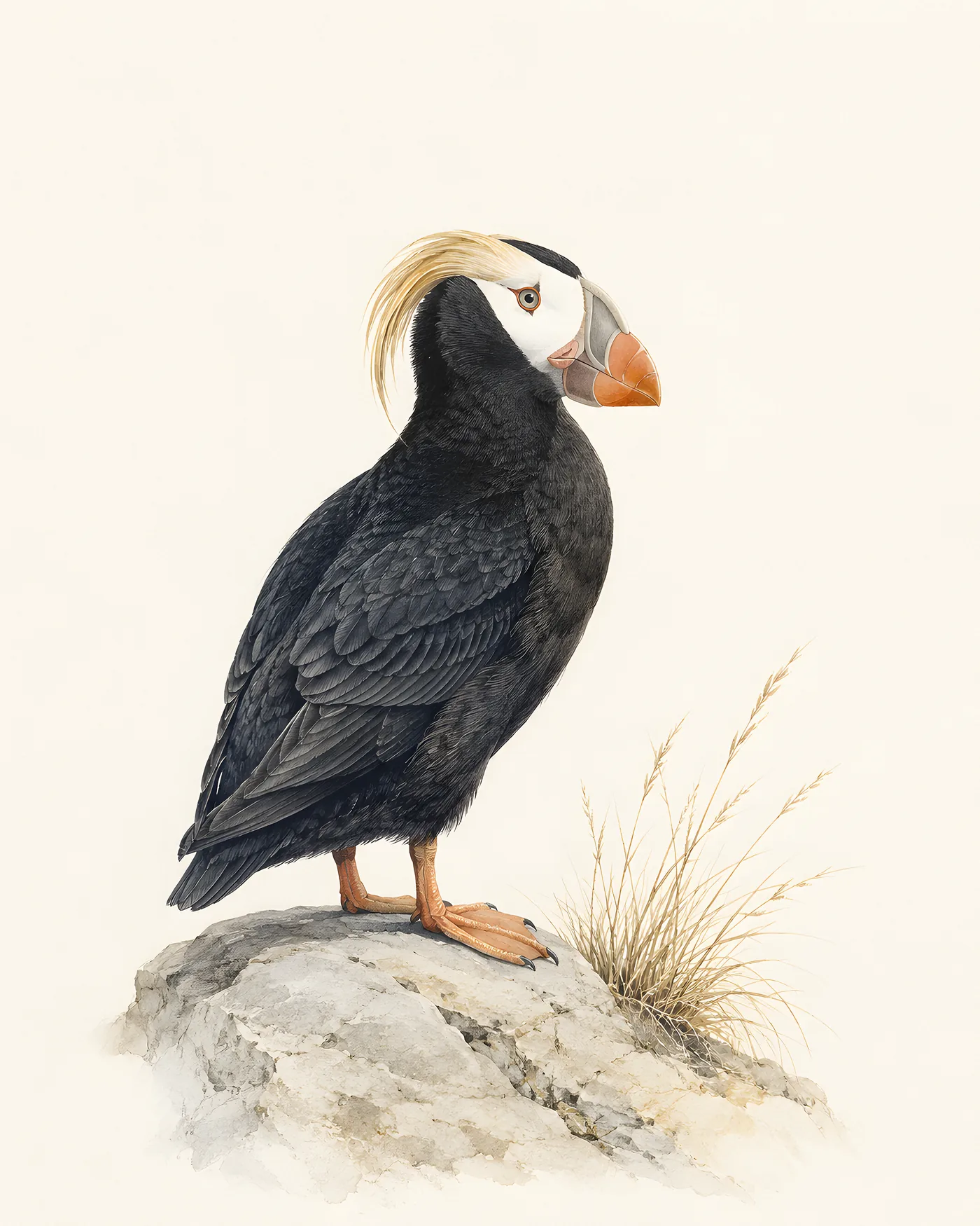 Tufted Puffin in breeding plumage, orange bill and golden tufts, in the Audubon style