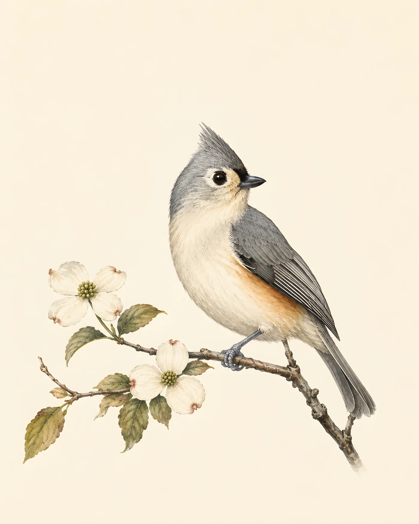Tufted Titmouse with crest raised, large eye meeting the viewer, in the Audubon style
