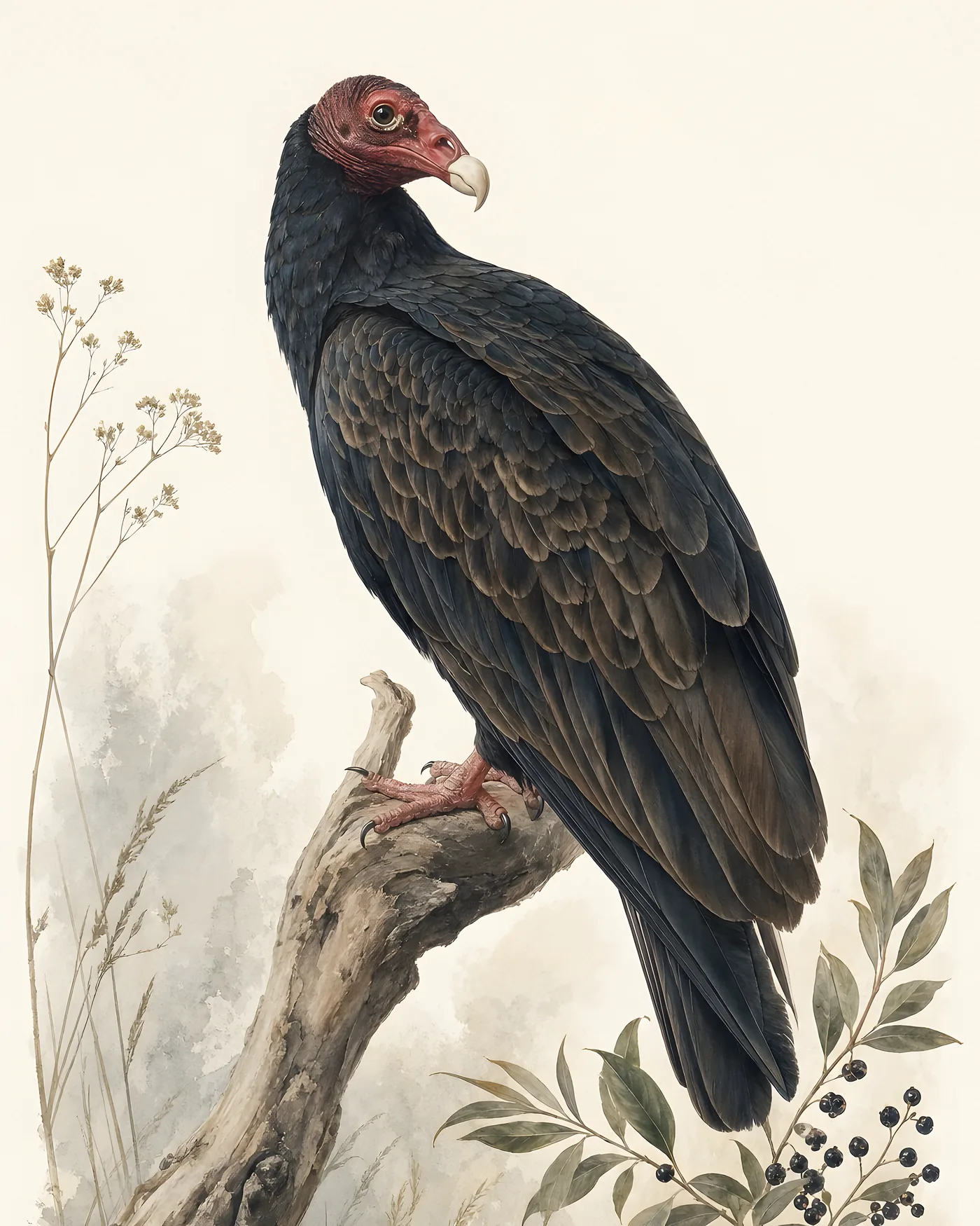 Turkey Vulture banking in a thermal, underwings silver-grey, head bare and red, in the Audubon style