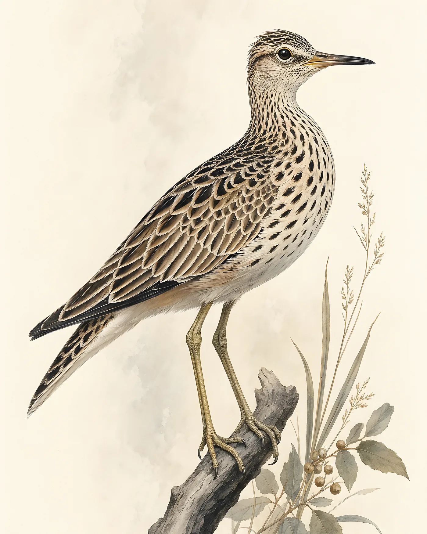 Fine-art Upland Sandpiper print in a contemporary Audubon-inspired natural-history style