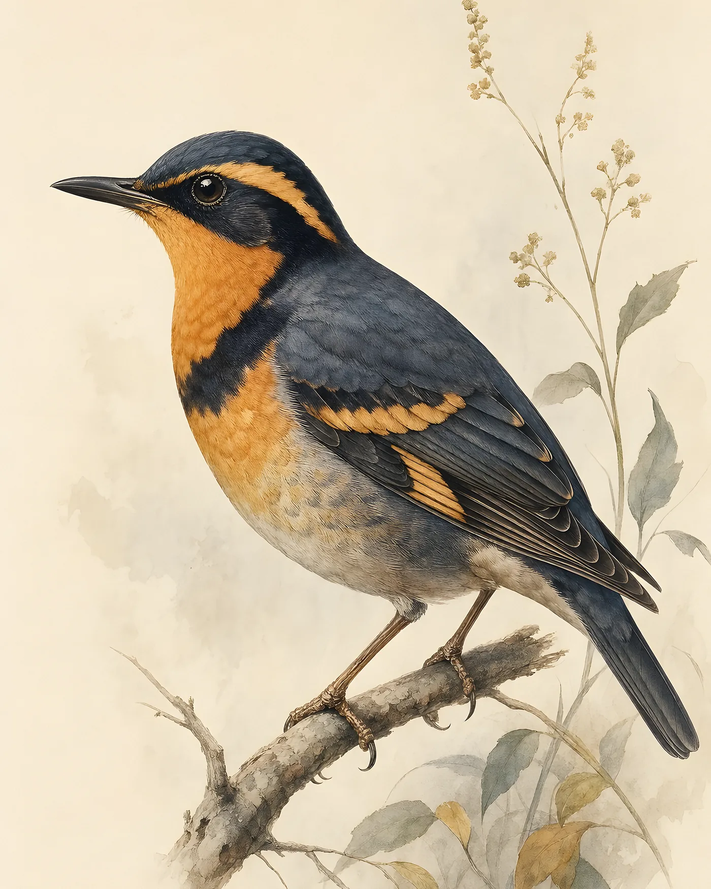 Fine-art Varied Thrush print in the Audubon style