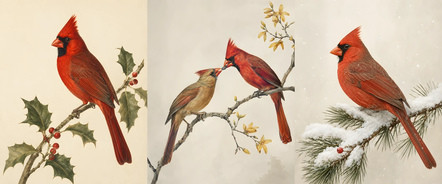 Cardinals Set of 3 shown as a fine-art print