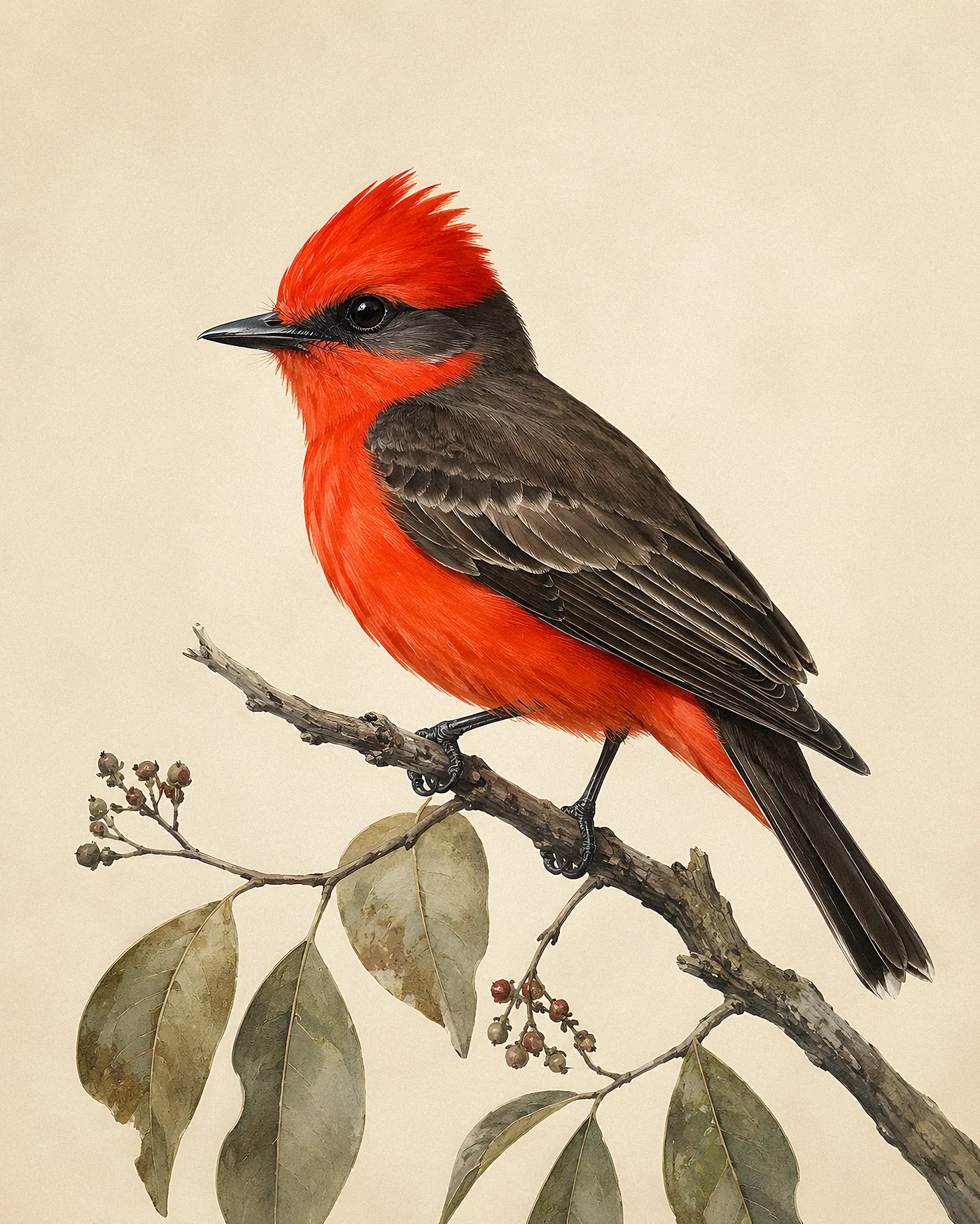 Fine-art print of a male Vermilion Flycatcher in brilliant scarlet and dark brown perched on a desert branch, Audubon style