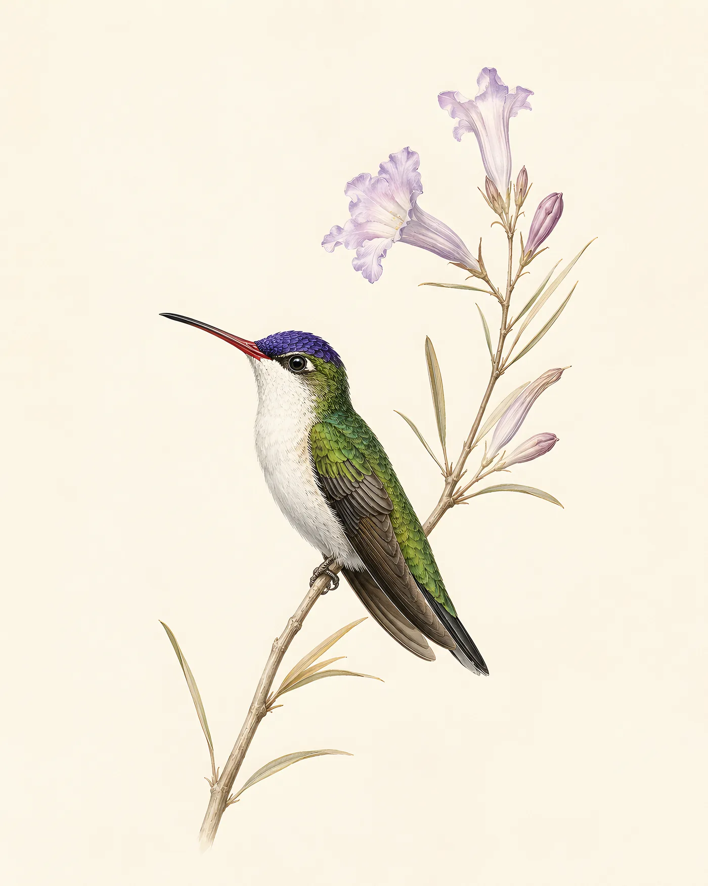 Fine-art Violet Crowned Hummingbird print in the Audubon style