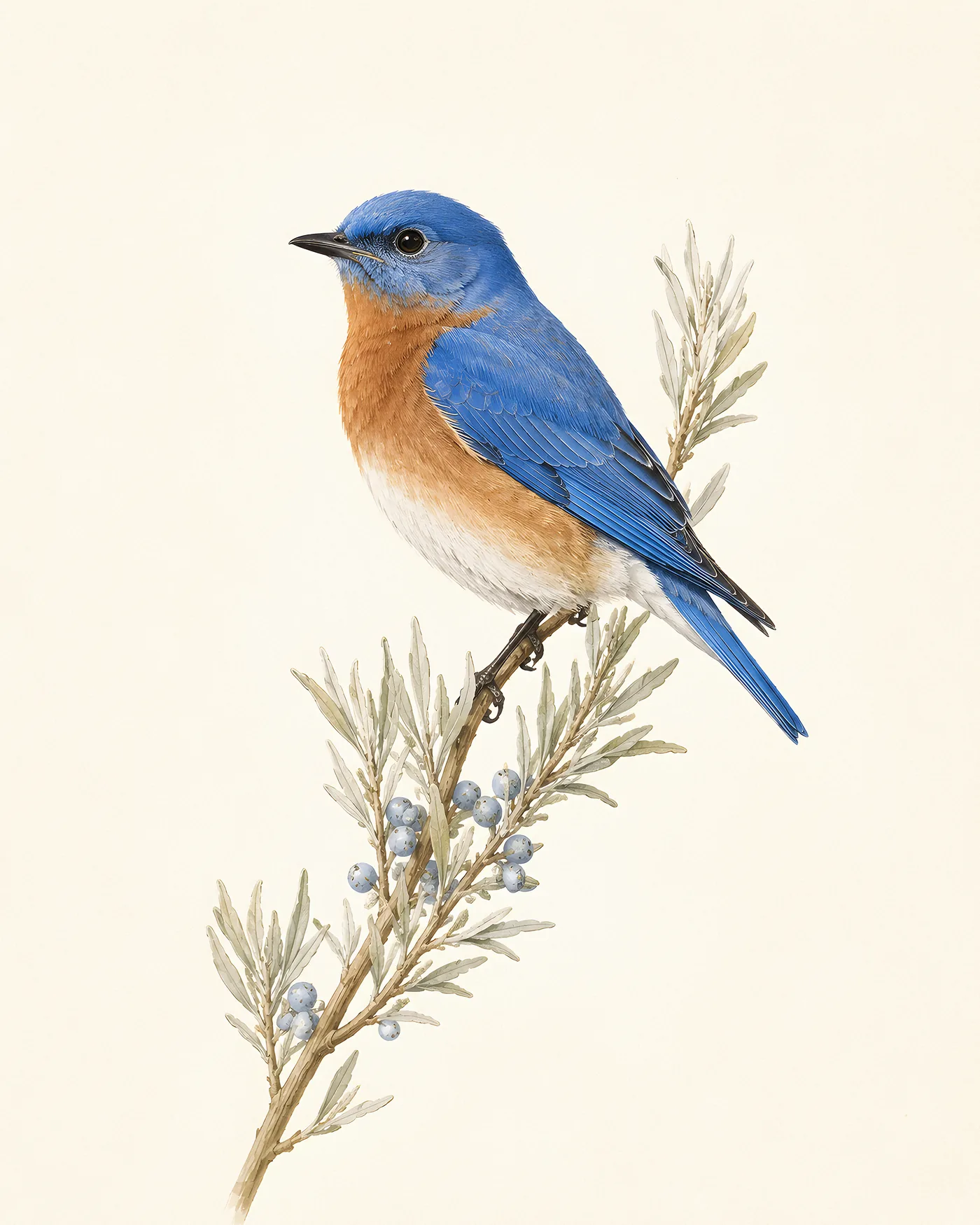 Western Bluebird male perched on a snag, cerulean blue and rust breast, in the Audubon style