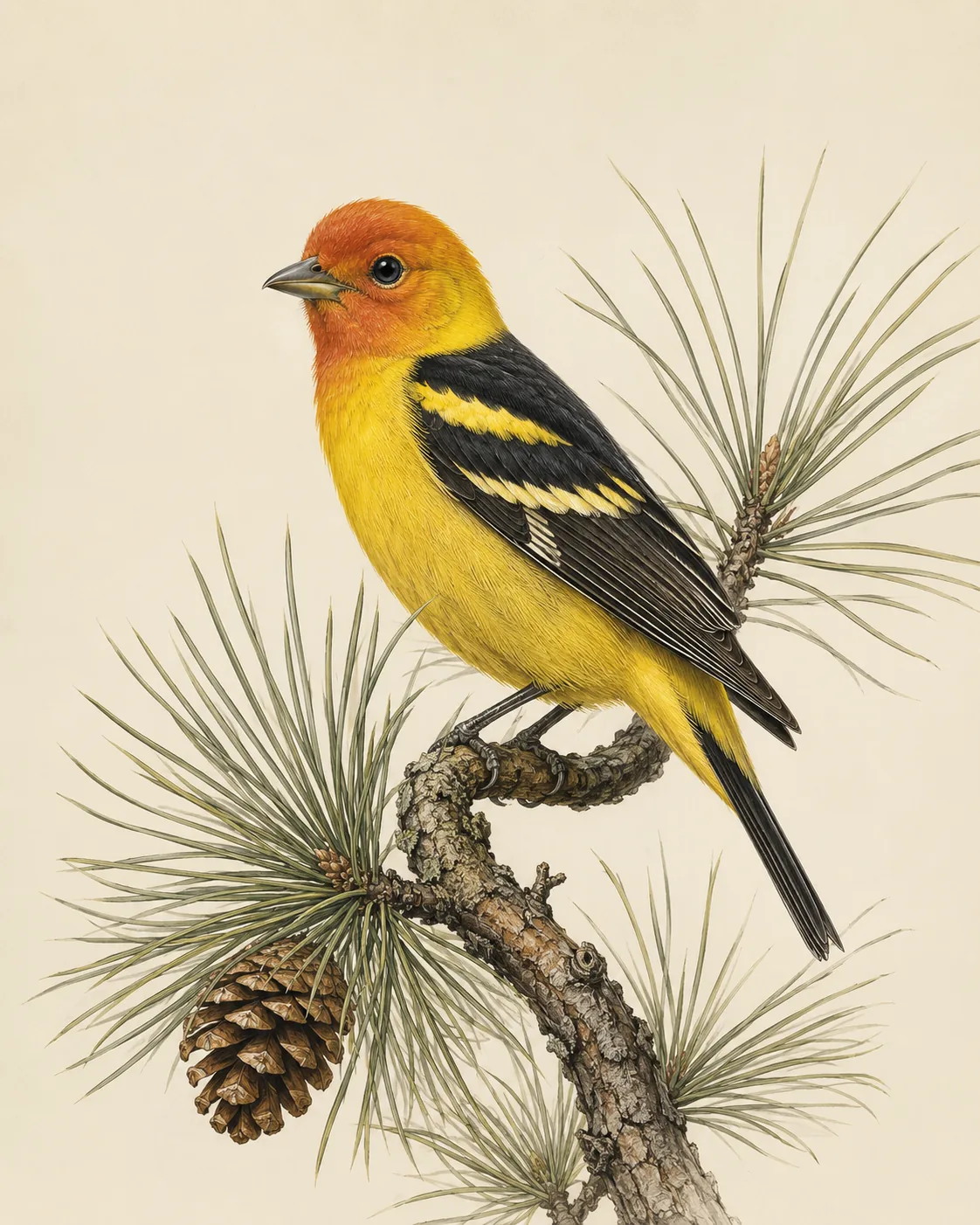 Audubon-style fine-art print of a Western Tanager perched on a pine branch