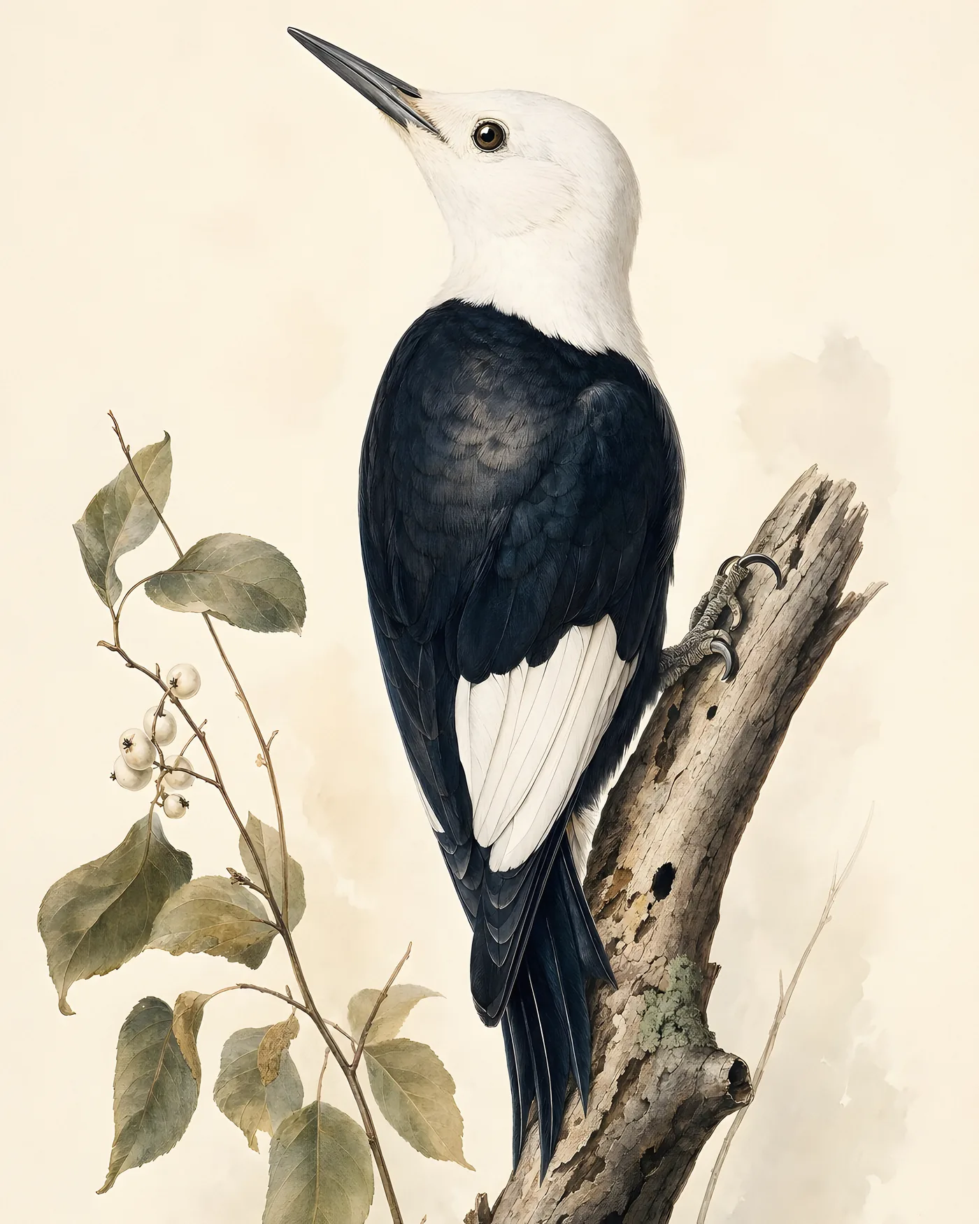 Fine-art White-headed Woodpecker print in the Audubon style