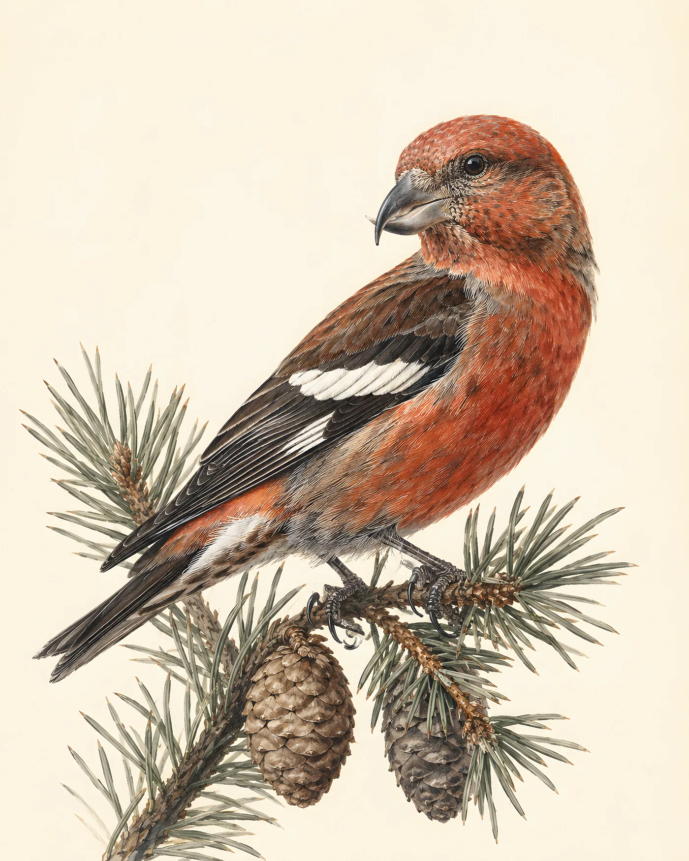 Fine-art print of a male White-winged Crossbill, raspberry-red with bold white wingbars and crossed bill, perched on a spruce sprig with cones, in the Audubon style