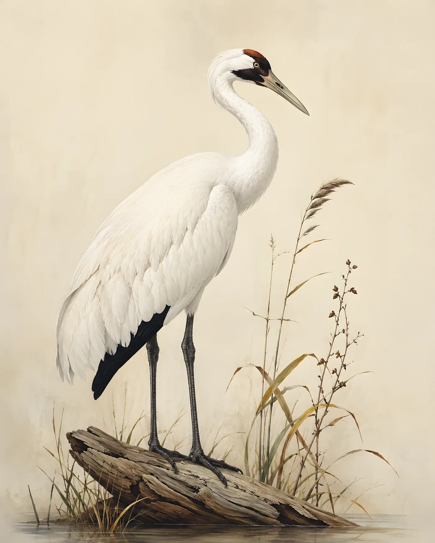 Fine-art Whooping Crane print in the Audubon style