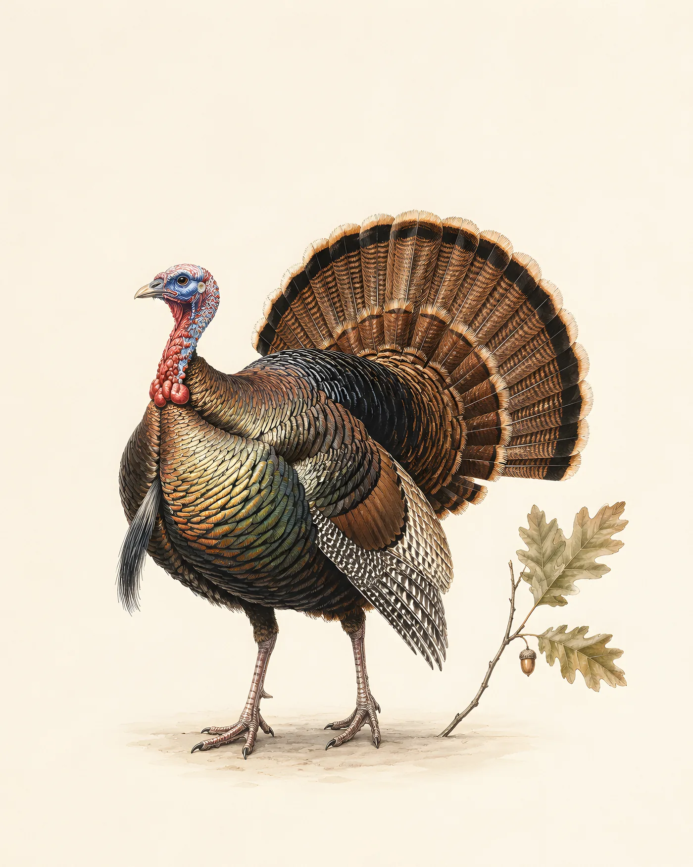 Fine-art plate of a Wild Turkey, iridescent bronze body and fanned tail, standing among fallen oak leaves in the Audubon style