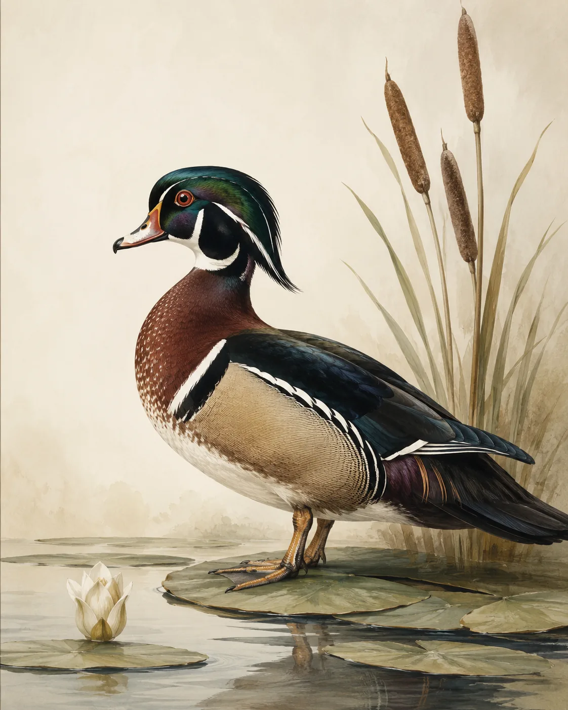 Audubon-style fine-art print of a Wood Duck on a lily pad pond