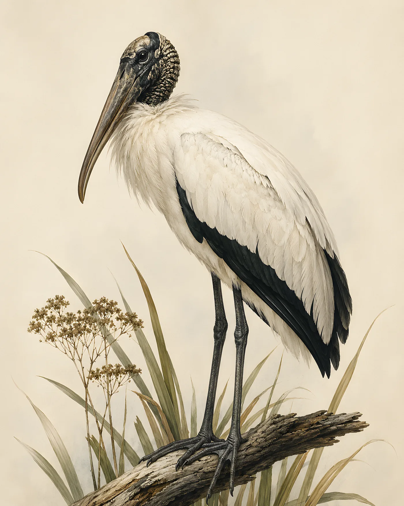 Fine-art Wood Stork print in the Audubon style