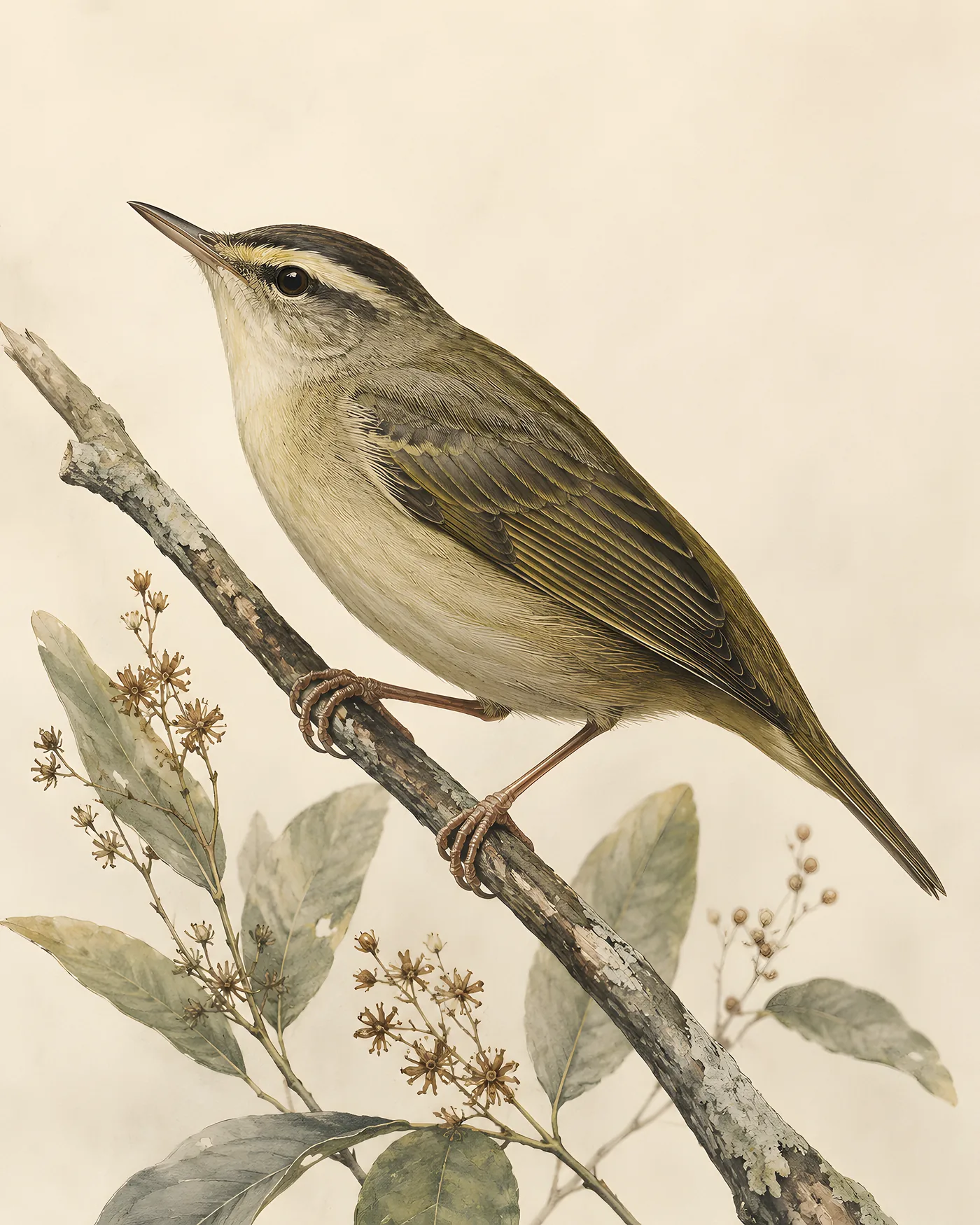 Fine-art Worm-eating Warbler print rendered in a contemporary Audubon-inspired natural-history style with a soft paper-grain finish