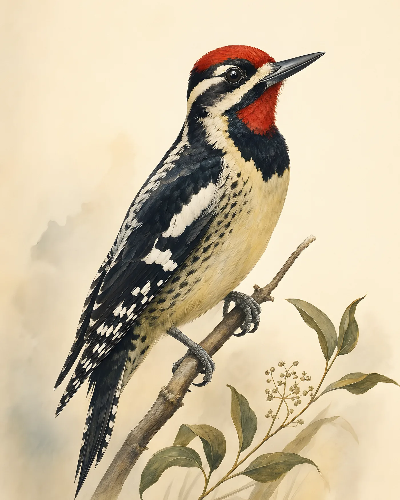 Yellow-bellied Sapsucker on a birch trunk beside a row of sap wells, in the Audubon style