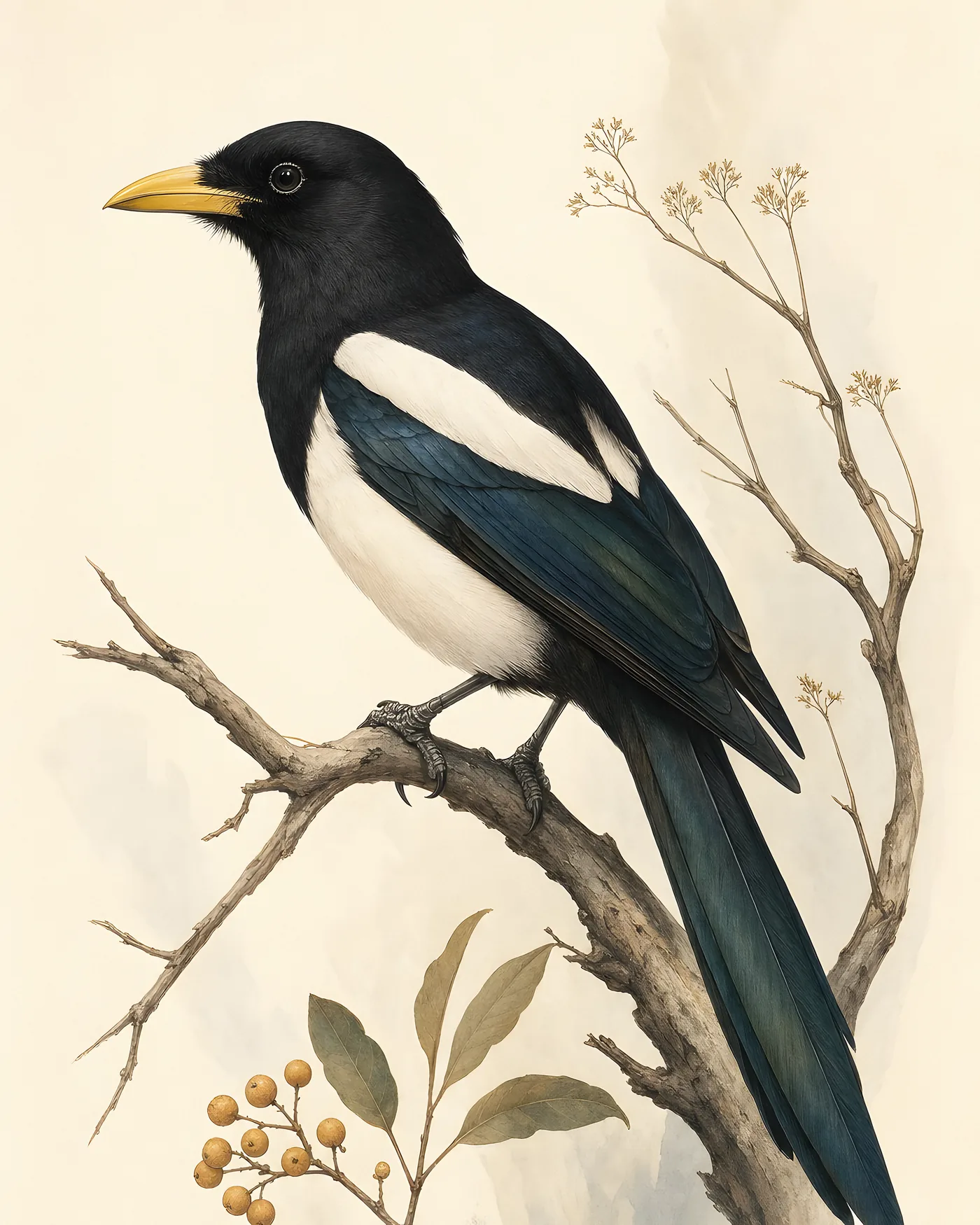 Yellow-billed Magpie Print, black and white with a yellow bill and a long tail, in a contemporary Audubon-inspired natural-history style