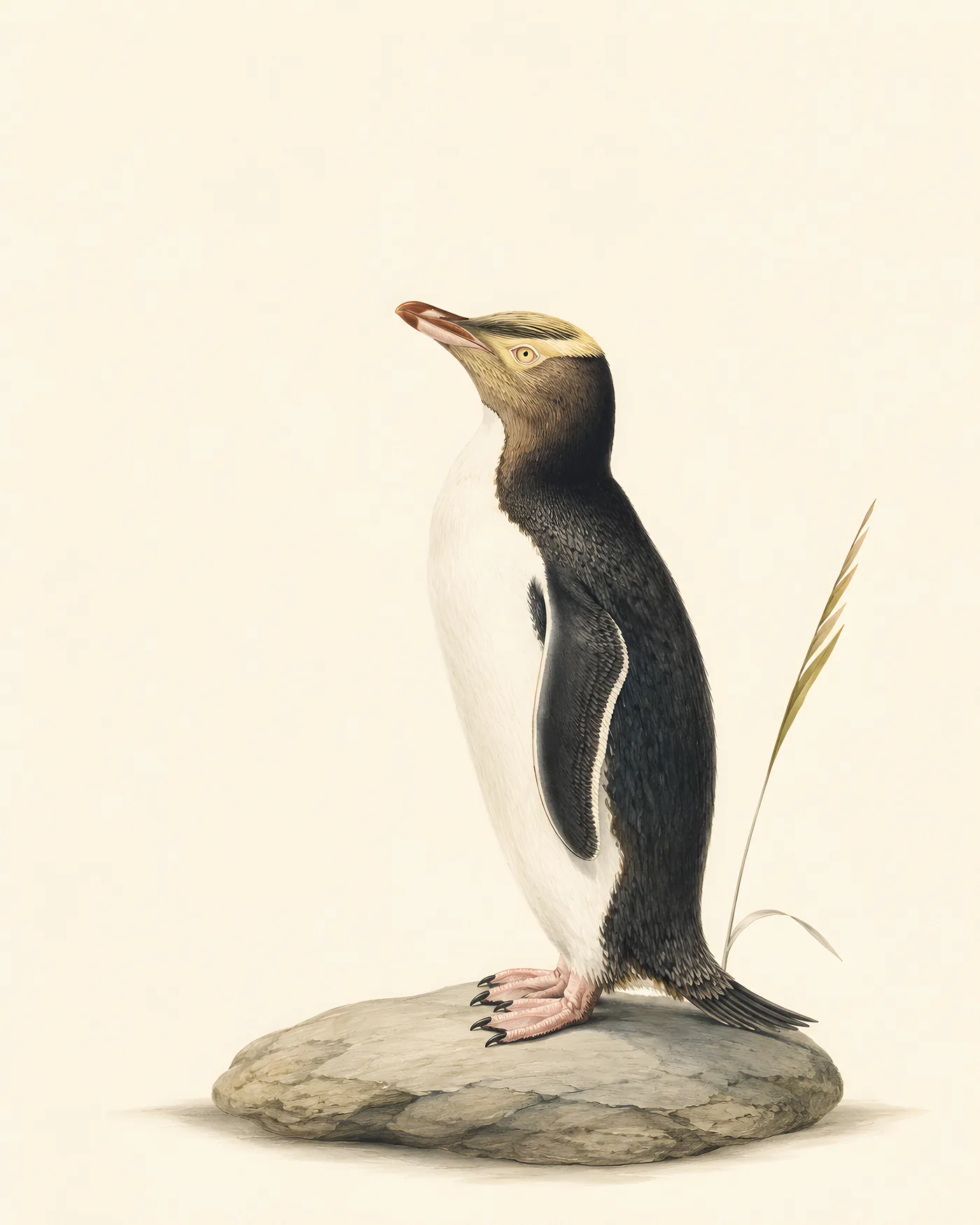 Fine-art print of a Yellow-eyed Penguin, the pale yellow eyes and band of yellow feathers across the head rendered in the Audubon style
