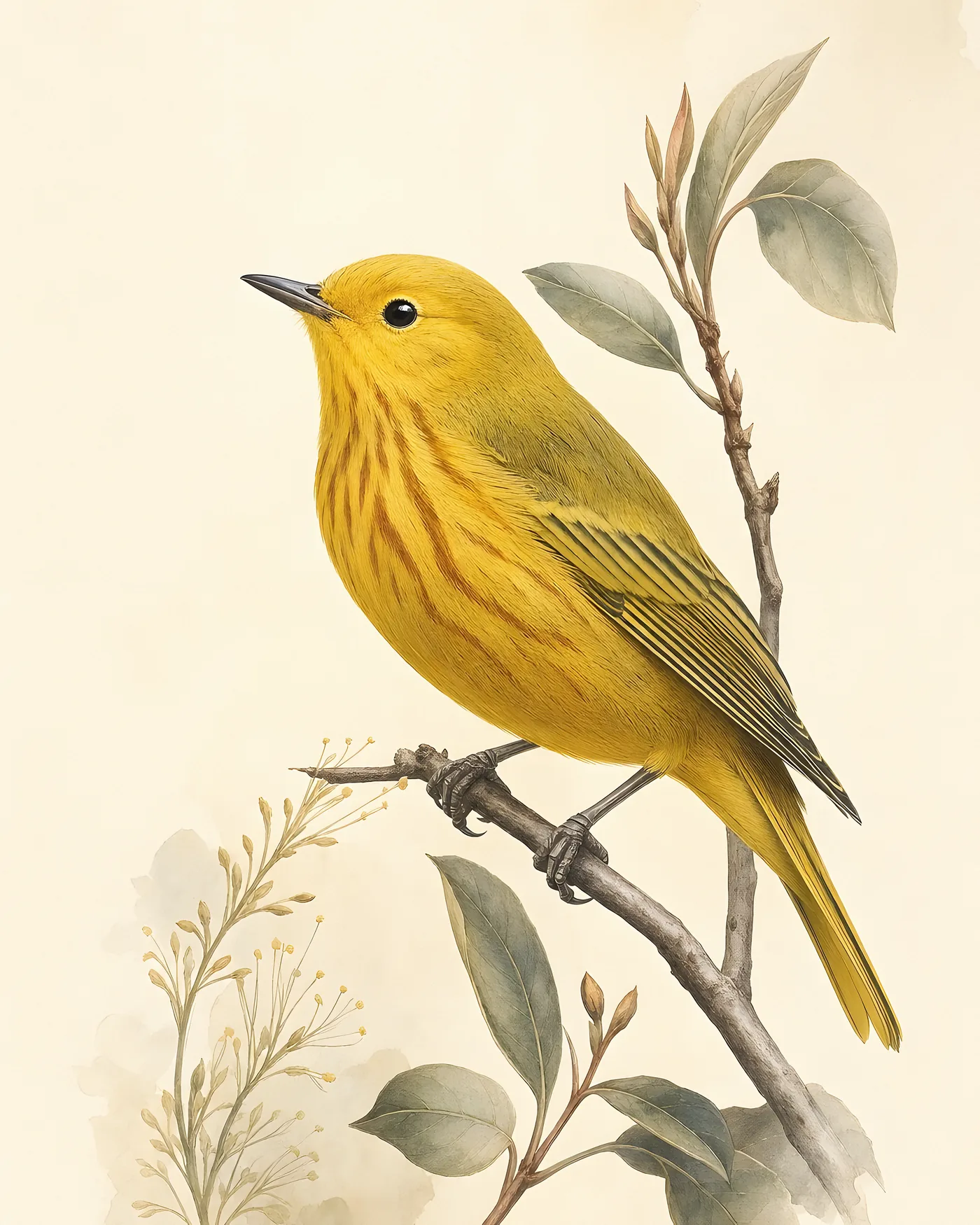 Fine-art plate of a male Yellow Warbler in breeding plumage on a willow stem, rendered in a contemporary Audubon-inspired natural-history style with a soft paper-grain finish