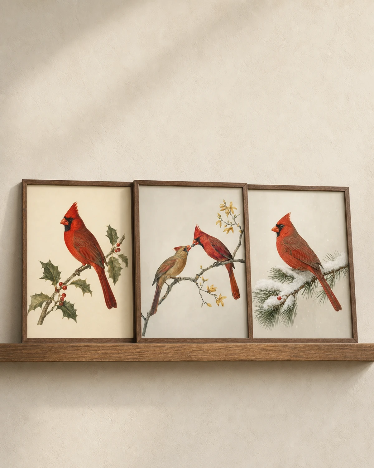 Three Northern Cardinal prints displayed together: solo male, pair, male in snow. All in the Audubon style on cream paper.