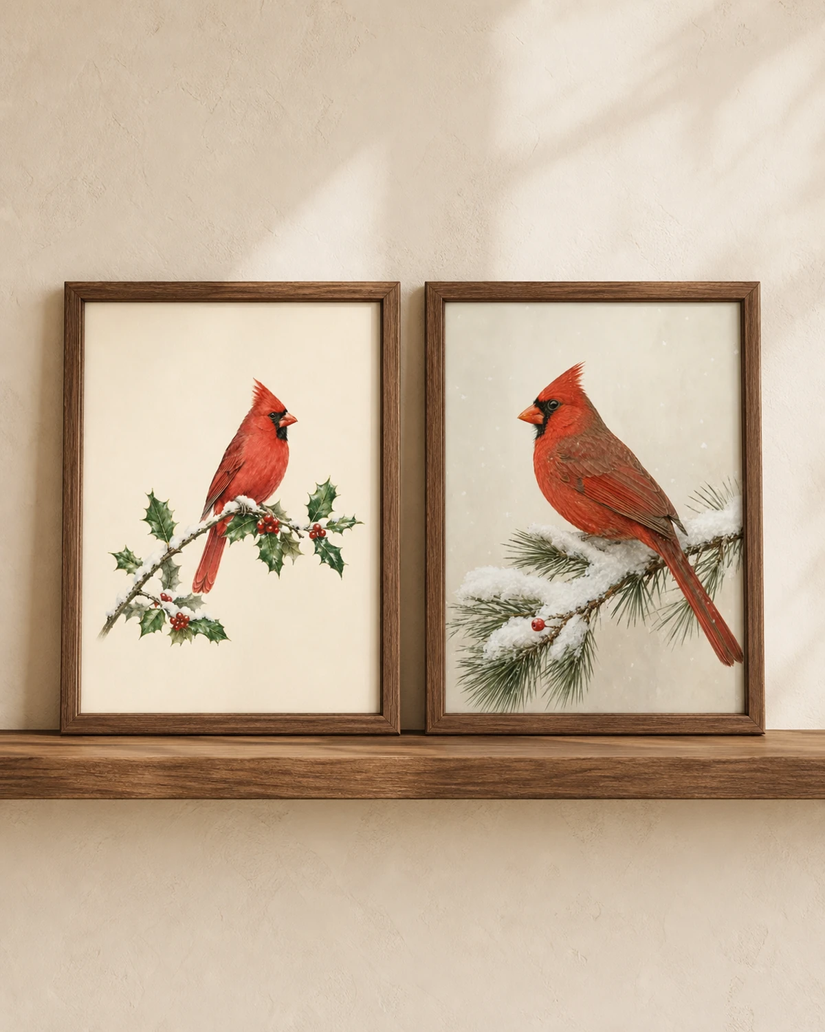 Two Cardinal prints displayed together: male singing on Christmas holly and male on a snow-covered pine bough. Audubon-style palette.