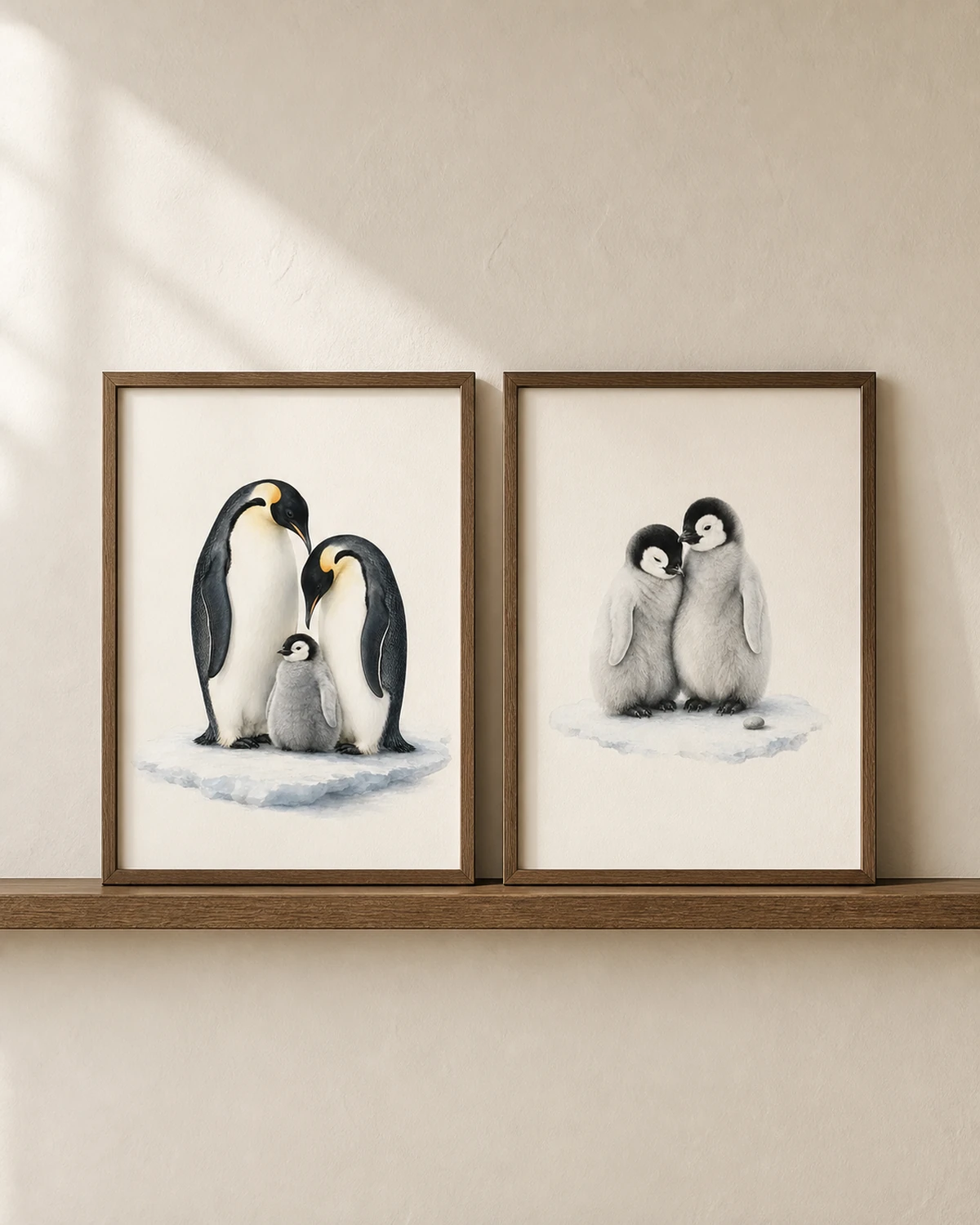 Two penguin prints for a nursery: an Emperor Penguin family with its chick, and a pair of downy penguin chicks, in the Audubon style