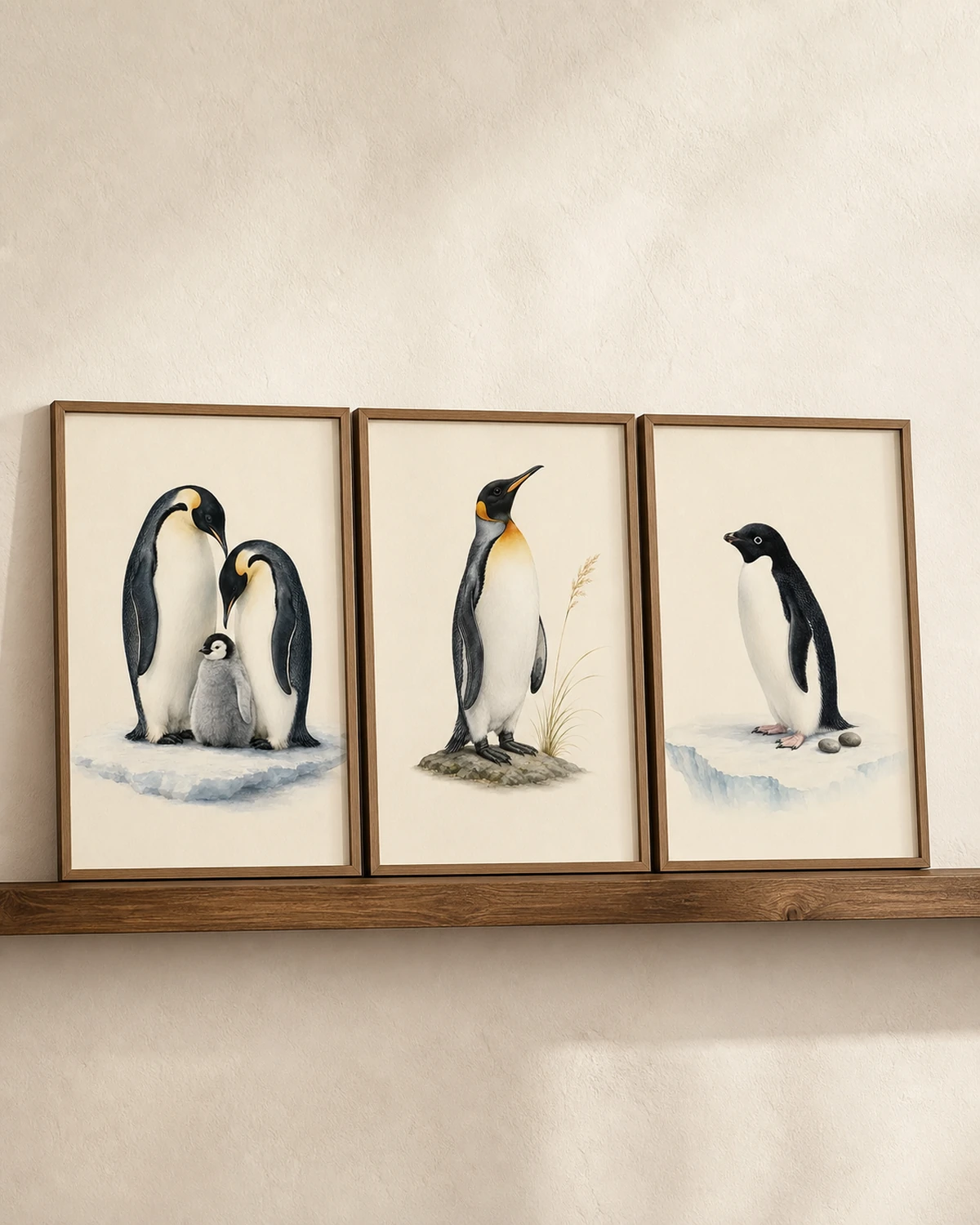 Three penguin prints shown together: Emperor family, King and Adelie Penguin, the classic Antarctic species, in the Audubon style