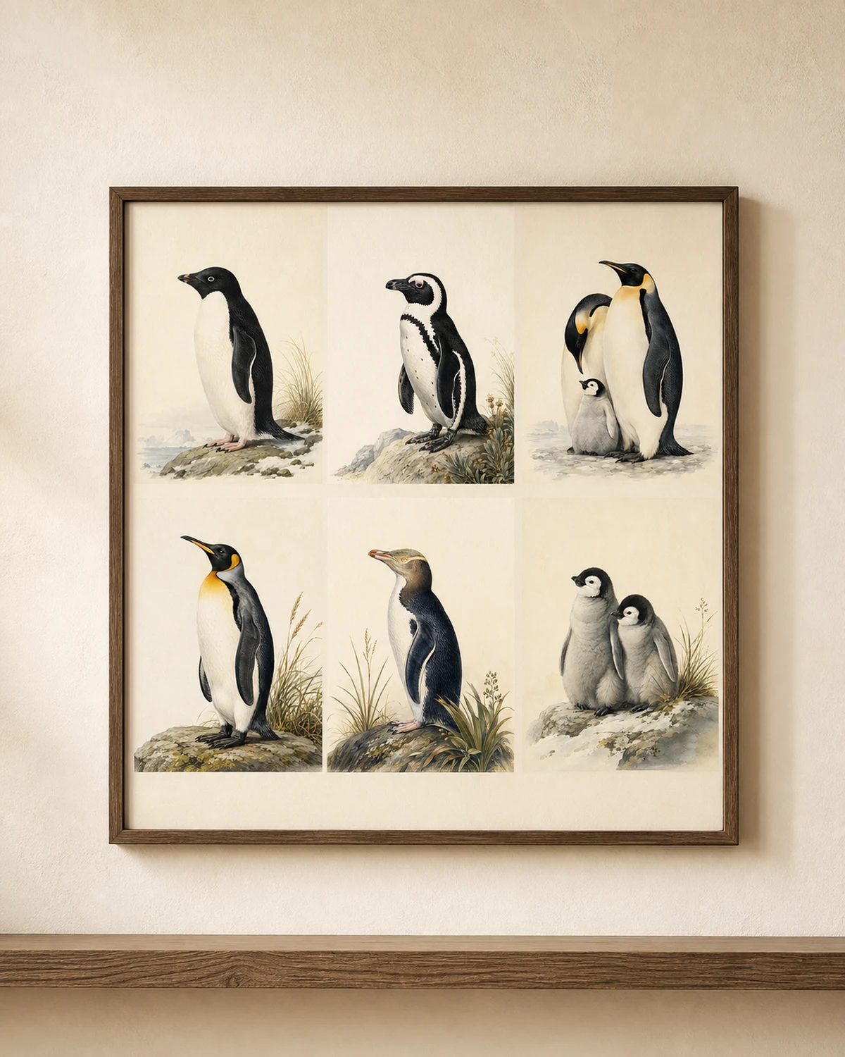 Six penguin prints shown together: Emperor family, King, Adelie, African, Yellow-eyed and penguin chicks, in the Audubon style