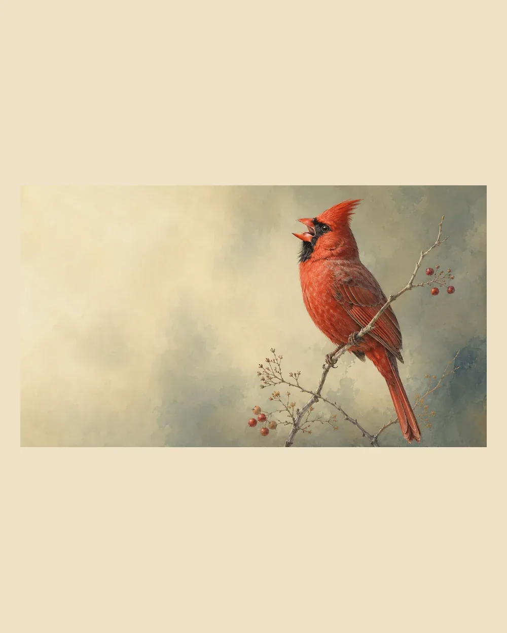 Audubon-style plate of a male Northern Cardinal perched on a branch in a field-journal rendering