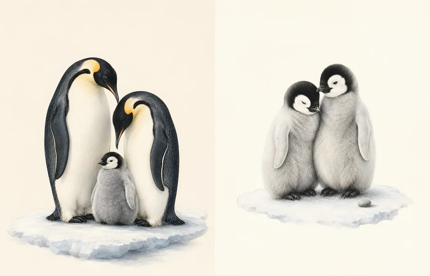 Two penguin prints for a nursery: an Emperor Penguin family with its chick, and a pair of downy penguin chicks, in the Audubon style