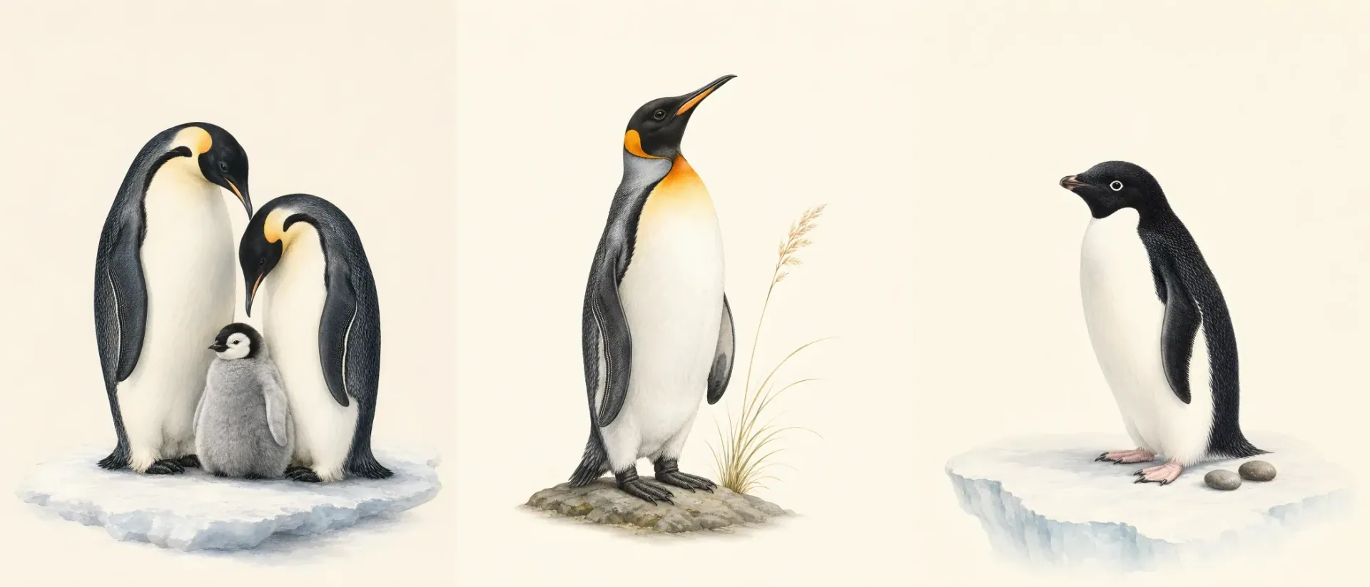 Three penguin prints shown together: Emperor family, King and Adelie Penguin, the classic Antarctic species, in the Audubon style