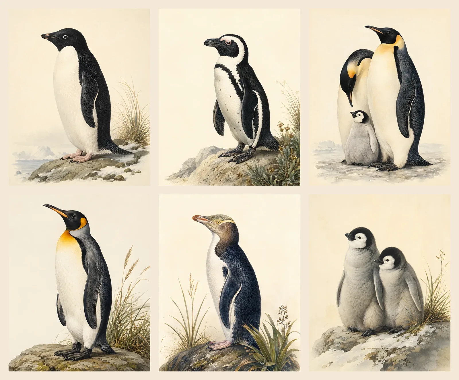 Six penguin prints shown together: Emperor family, King, Adelie, African, Yellow-eyed and penguin chicks, in the Audubon style