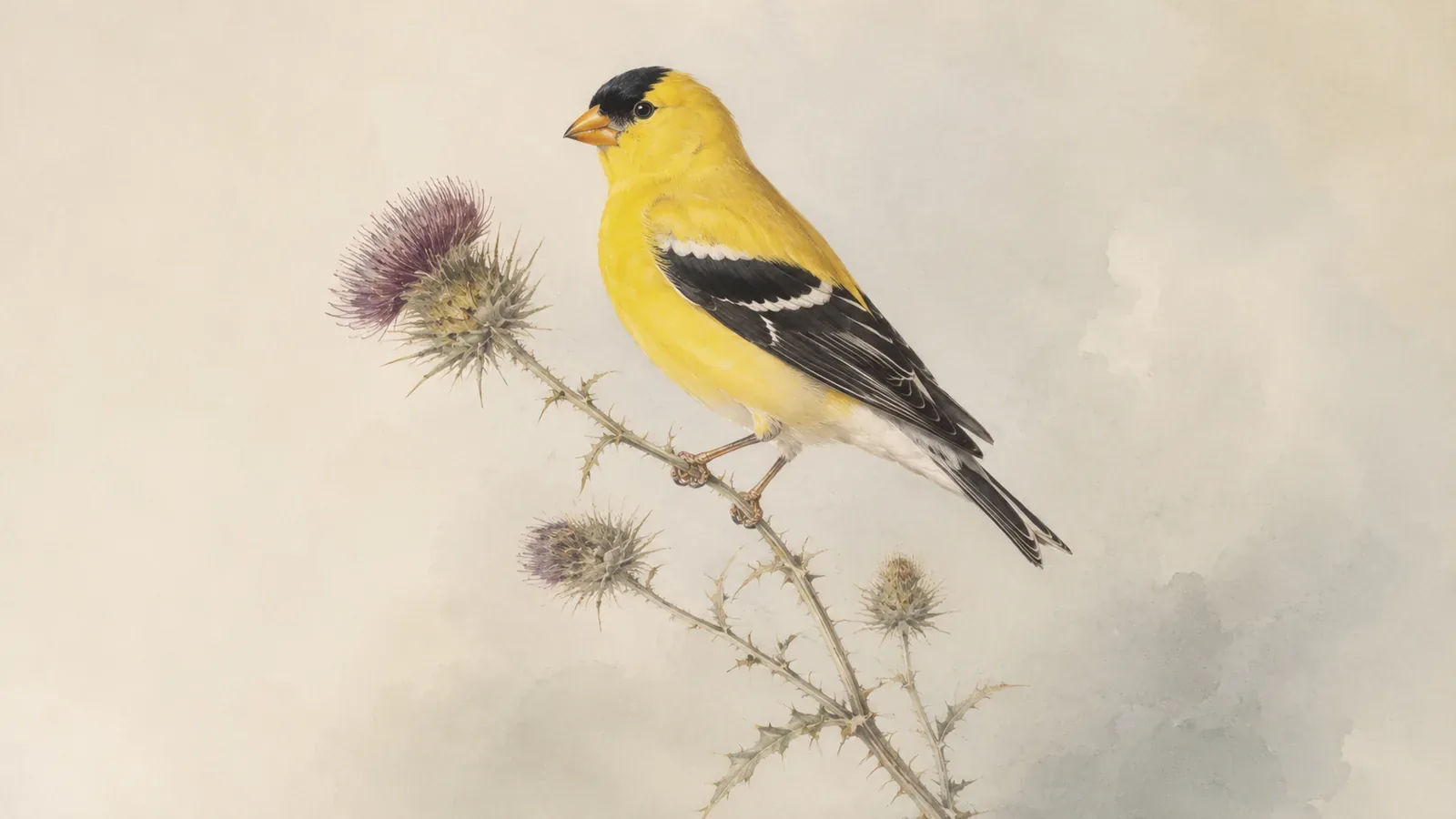 Male American Goldfinch perched on a thistle seedhead, in the Audubon style