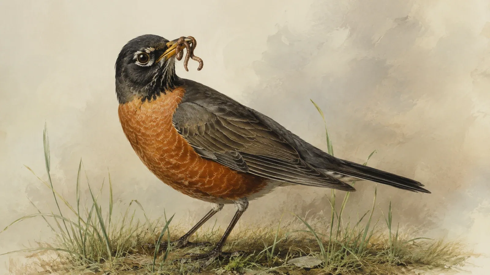 American Robin standing on lawn turf, head cocked toward the soil, in the Audubon style