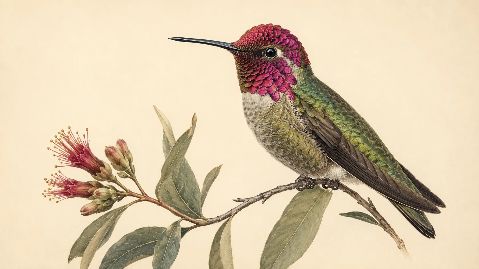 Male Anna's Hummingbird hovering at a flowering manzanita, gorget blazing rose-red, in the Audubon style