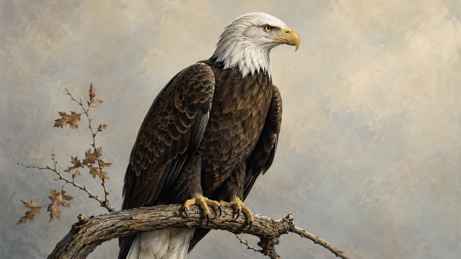 Adult Bald Eagle perched on a spruce bough above an Alaskan river, in the Audubon style