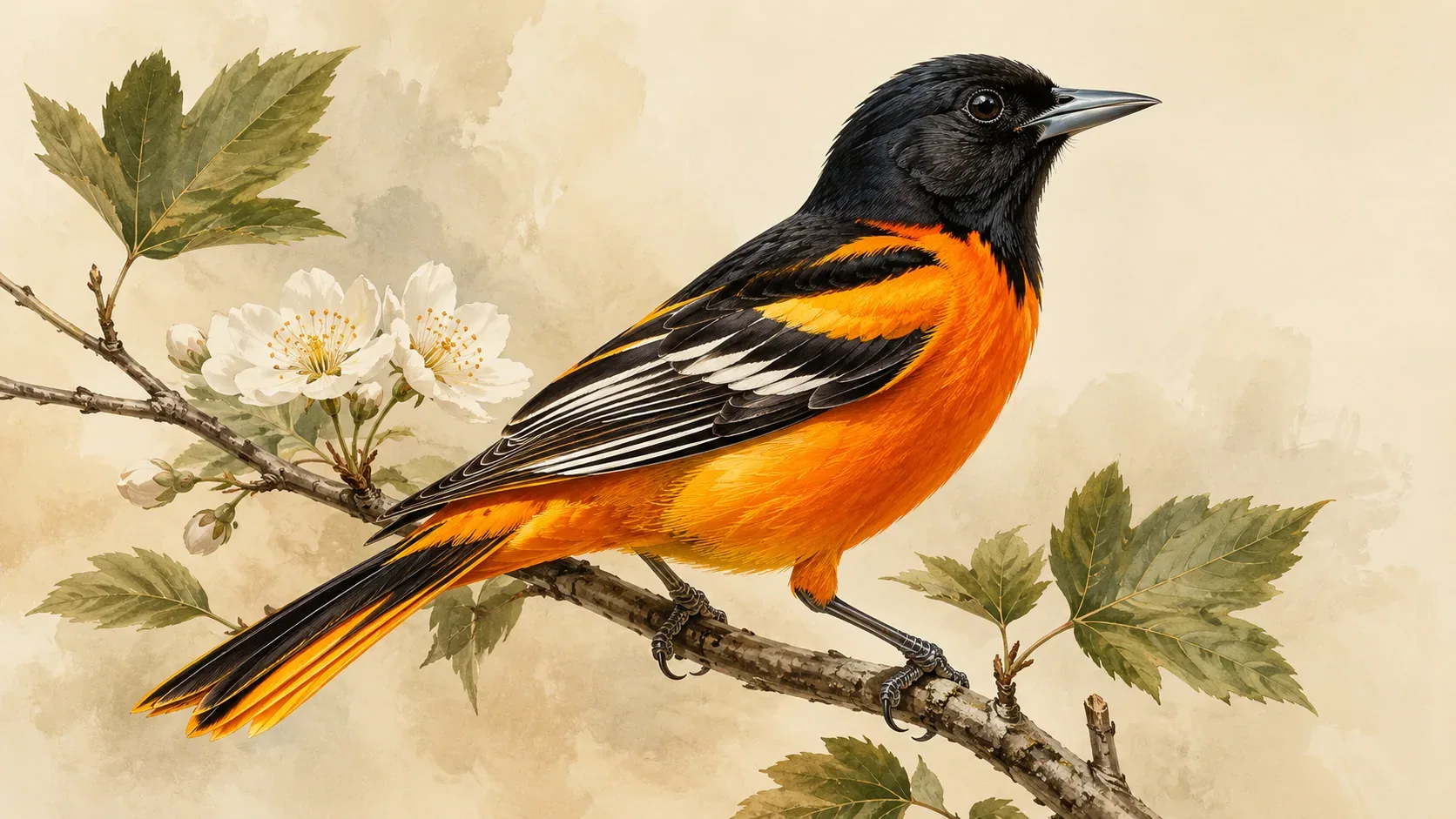 Male Baltimore Oriole perched on an elm branch, plumage of burnt orange and jet black, in the Audubon style