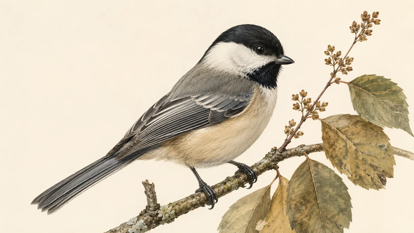 Black-capped Chickadee perched on a snow-dusted branch, in the Audubon style