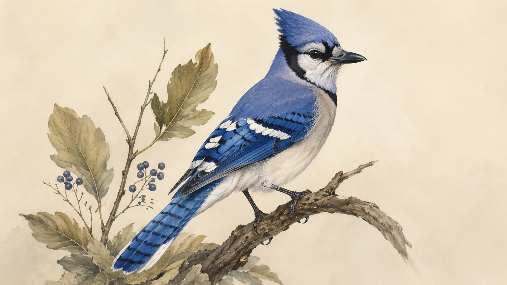 Blue Jay on an oak branch holding an acorn, in the Audubon style
