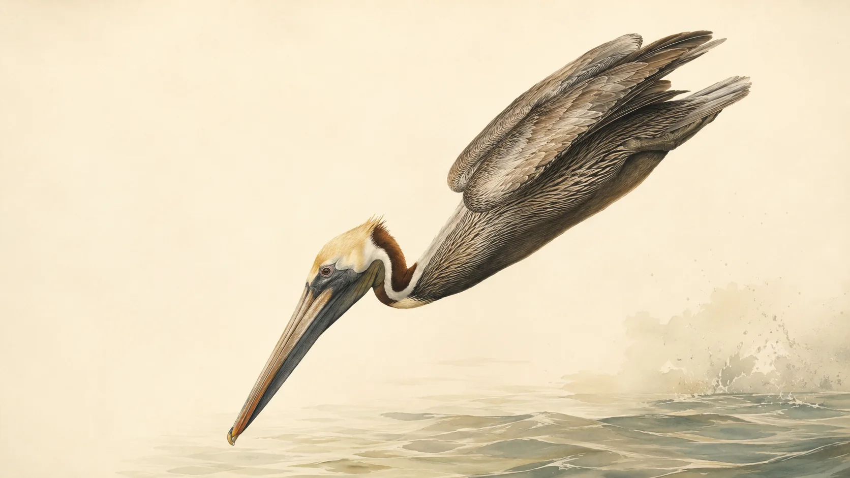 Brown Pelican mid-plunge above coastal water, wings folded, in the Audubon style