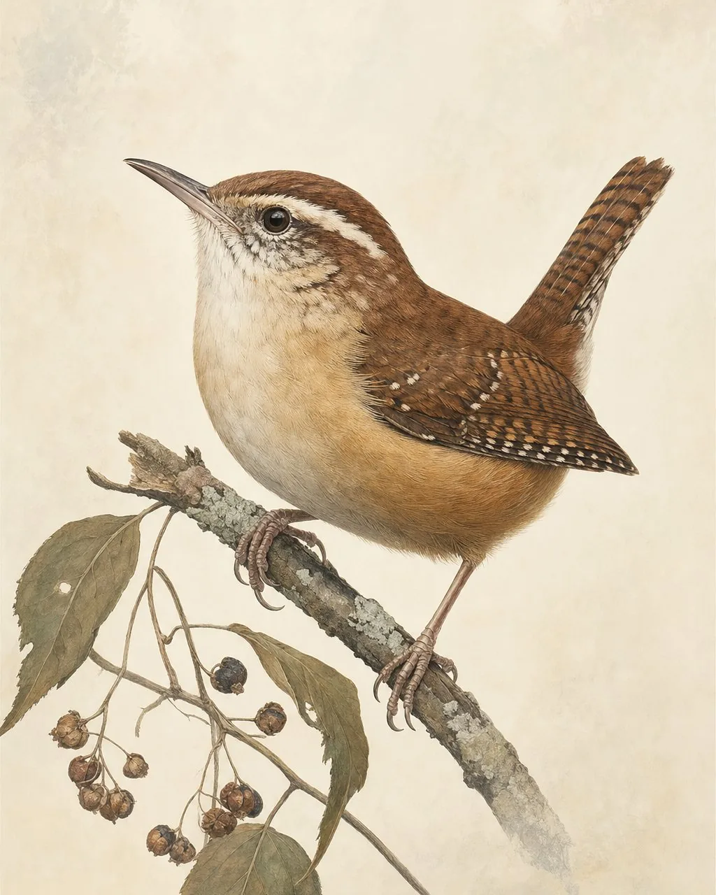 Carolina Wren perched on a mossy log in winter woodland, in the Audubon style