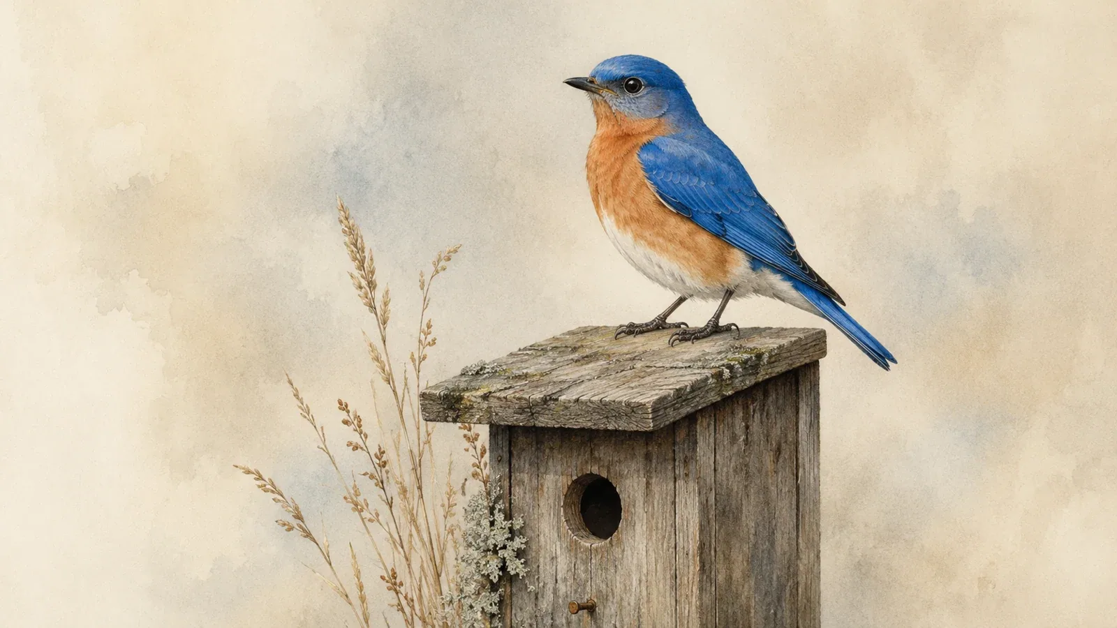 Male Eastern Bluebird perched on a weathered fence post in open farmland, in the Audubon style