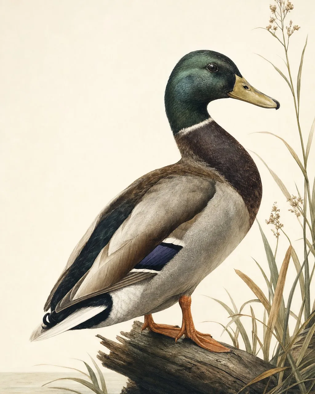 Male Mallard drake on still water, iridescent green head reflecting the light, in the Audubon style