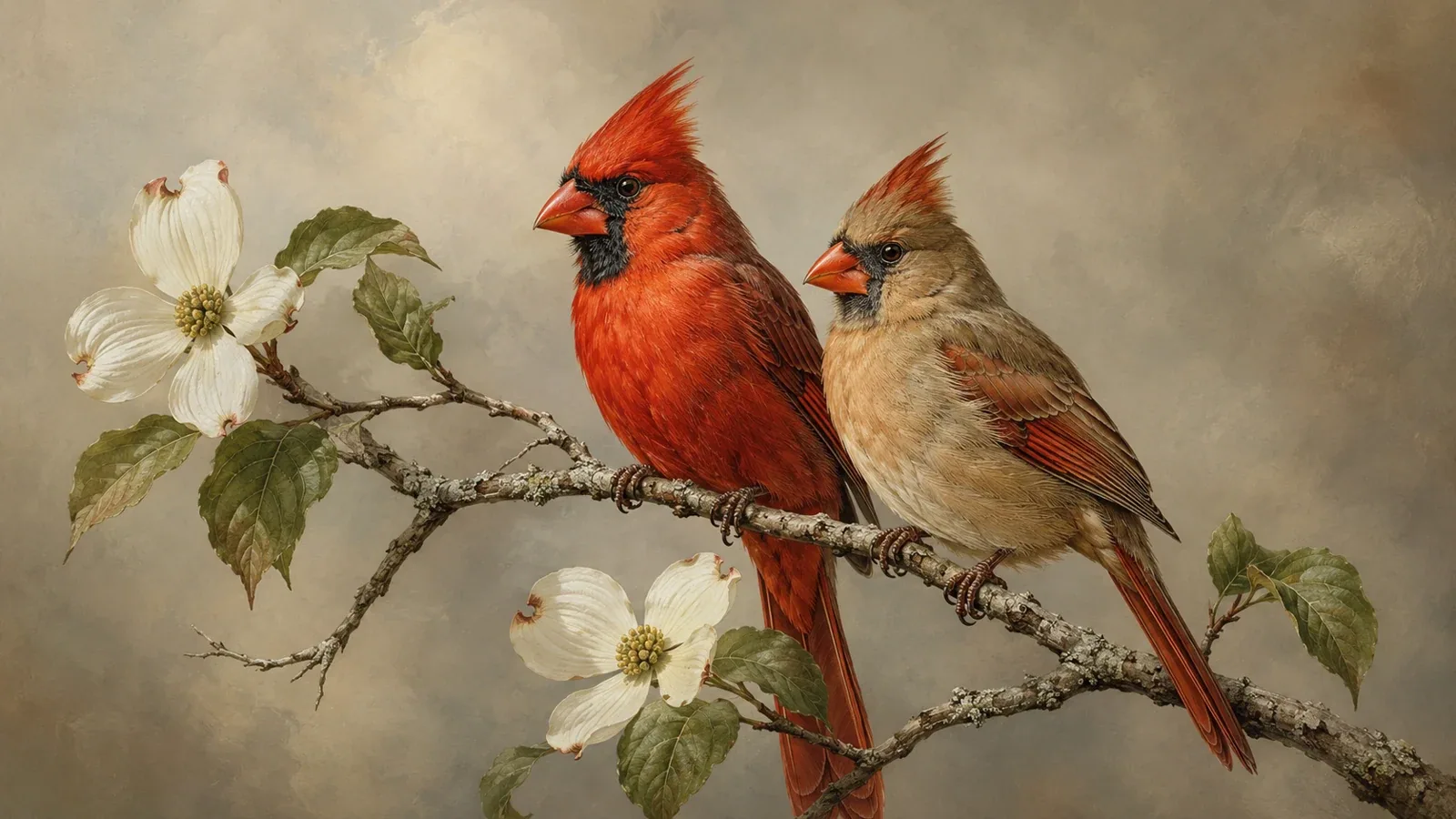 Northern Cardinal pair, the red male and buff female, perched on a flowering dogwood branch, in the Audubon style